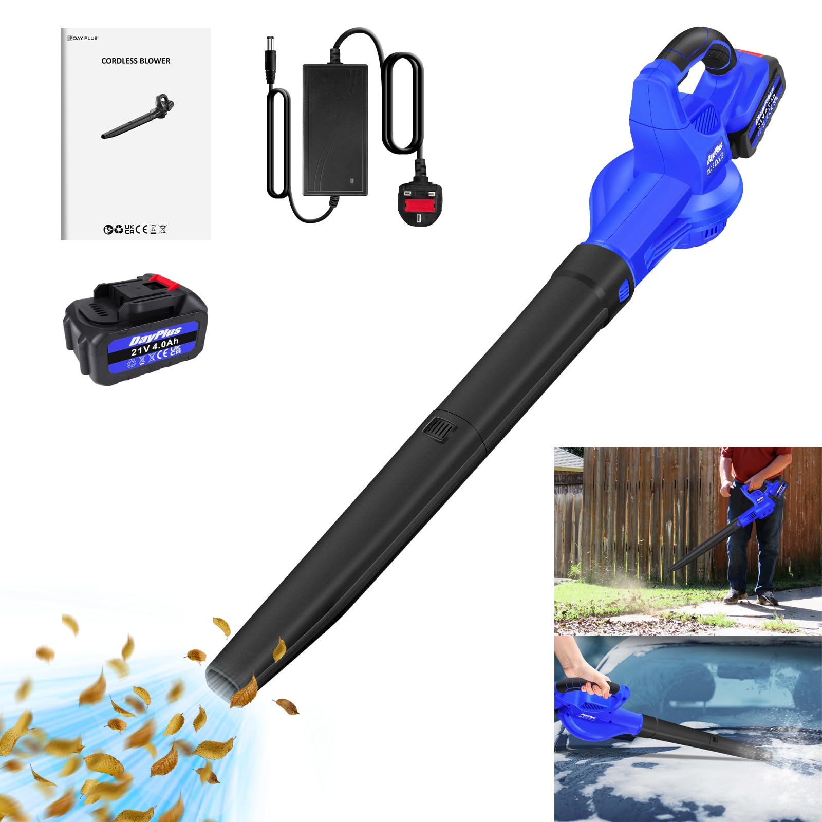 Soffiatore - 21V Soffiatore a Batteria, Soffiatore Foglie 110 km/h, 4,0 Ah Batteria, Con 2 condotti d'aria rimovibili, Leggero ed Ergonomico, per Pulire le Foglie, Rimuovere la Polvere