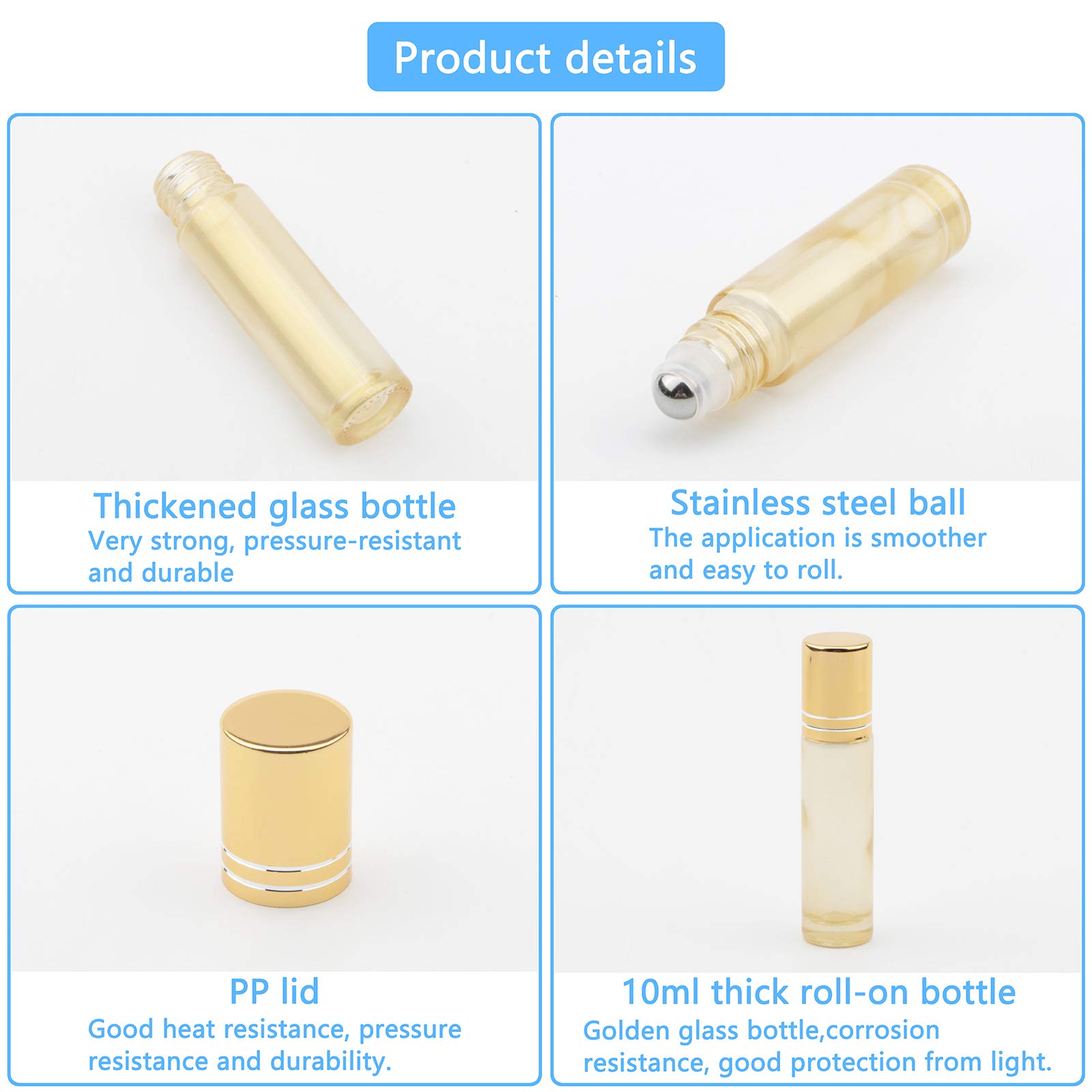 8x10 Ml ätherische Öl Roller-Flaschen – Perlgold, Mit Edelstahl-Rollerball, Trichter & Öffner