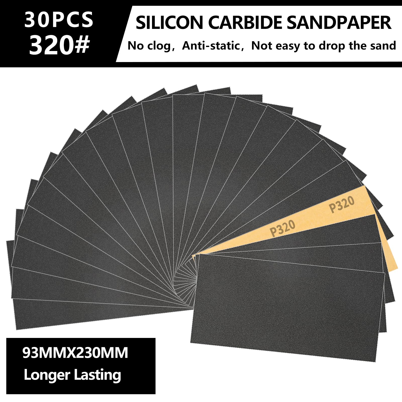 Sruhrak 30 Pieces Sandpaper 9.3 x 23 cm Waterproof Sanding Paper 320 Grits Sanding Sheets Set for Wood Metal Automotive Plastic Surface Preparation - Image 3