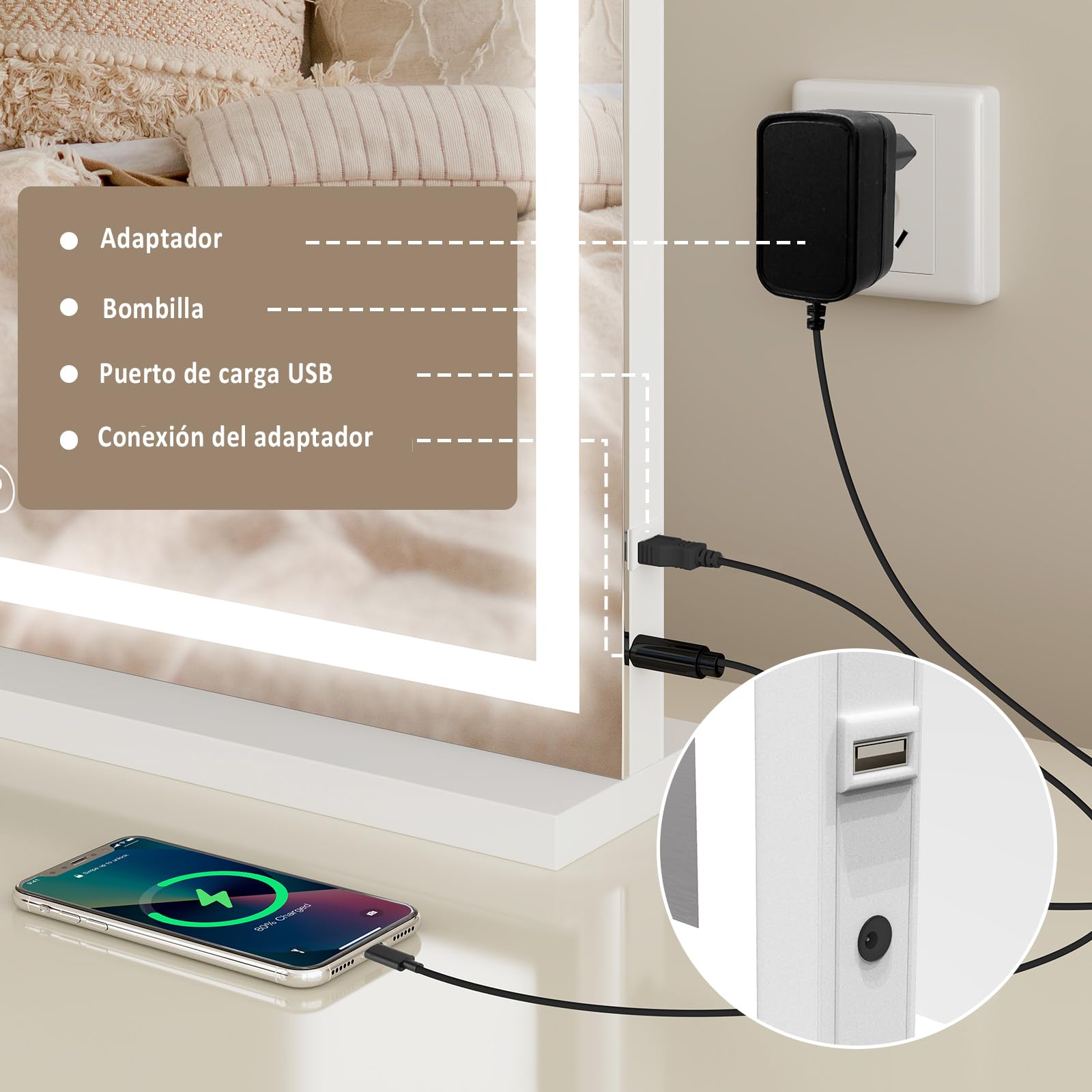 YU YUSING Espejo Maquillaje con Luz, 70x55cm, 3 Modos Iluminación Regulables, Espejo Tocador Grande, Espejos de Mesa, Cargador USB, 10x, Vanity Mirror Tocador Dormitorio, Controles Táctiles, Blanco