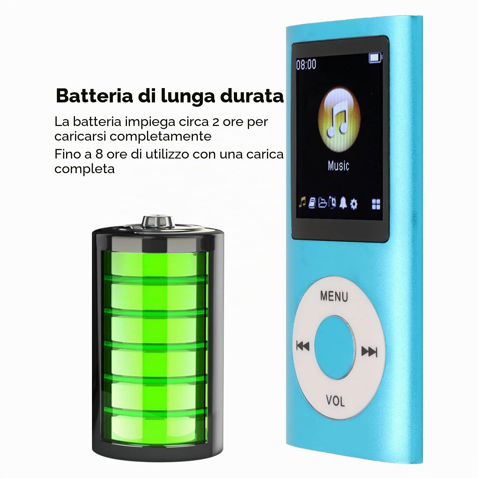 Lettore MP3 Digitale, Compatto e Portatile, Supporta 64 GB di Memoria di Archiviazione, 8 Ore di Standby Lungo, Lega di Alluminio, per Studenti, per Regali per Bambini (Blu)