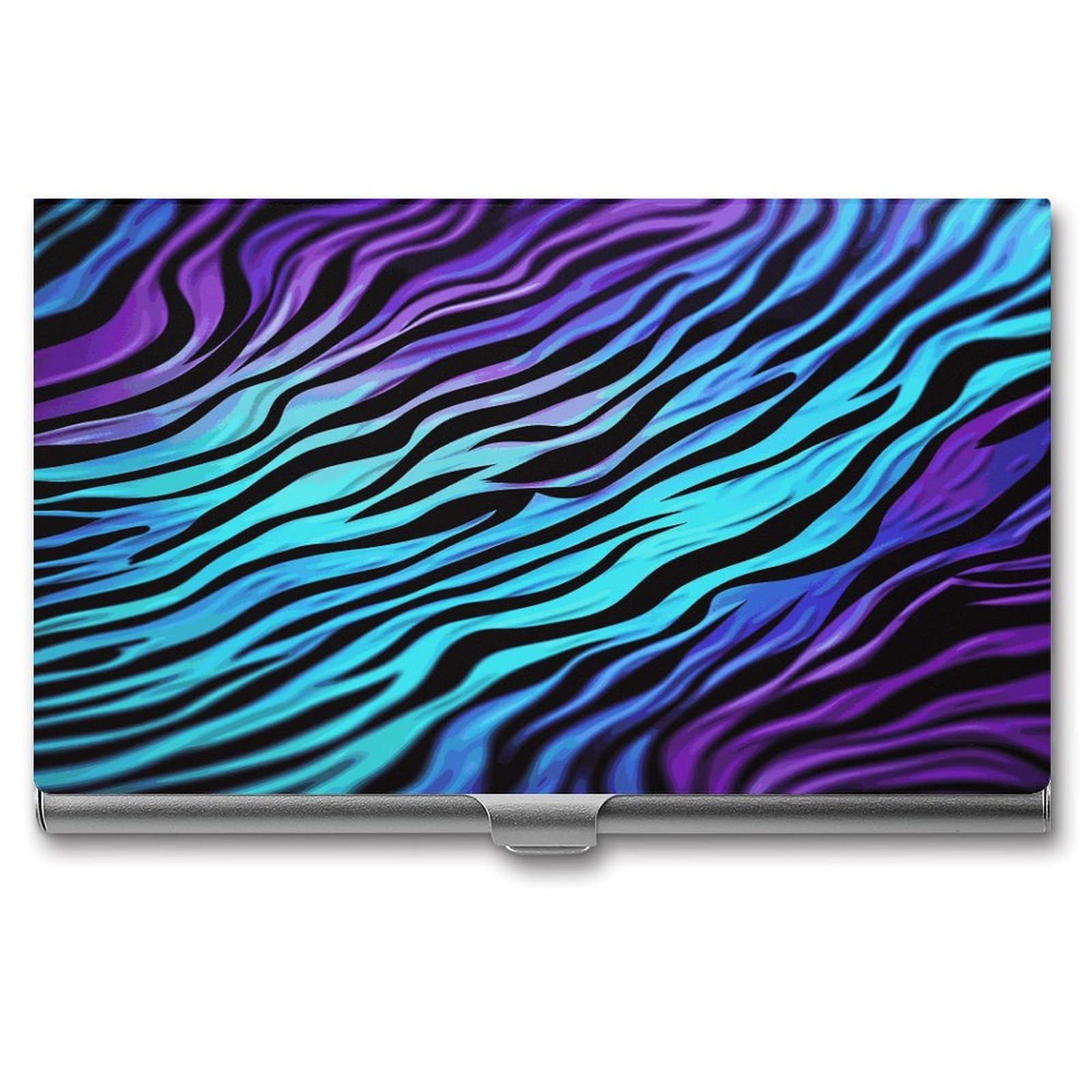 LDGSUPH Purple Blue Green Camouflage Zebra Stripes Business Card Holder Fashion Slim Name Card Holder Minimalist Design Case Metal Card Carrier Personalized Business Card Case with Flip for Men Women