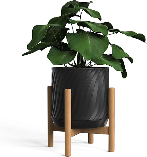 Maceta de cerámica de 6.5 pulgadas con soporte, incluye orificio de drenaje y platillo, maceta de escritorio moderna de mediados de siglo para