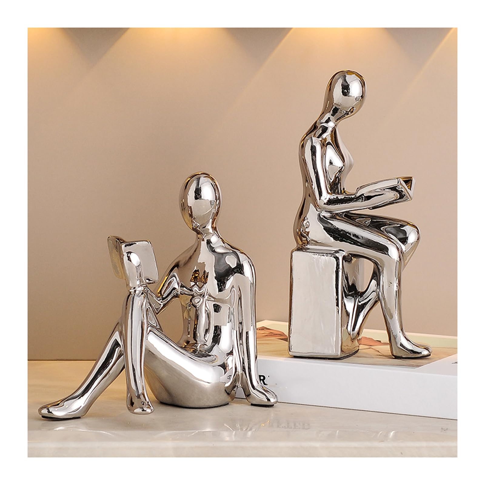 Denker Skulptur Lesen Deko Figuren Keramik Abstrakte Kunst Statue Für Bücherregal Deko Skulpturen, Deko Bücher, Büro Deko, Modern Dekofiguren,Silver a