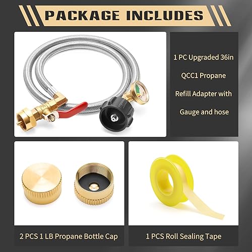Miniatura 3 de Manguera adaptadora de repuesto de propano de 4 pies con medidor y válvula de control de encendidoapagado, adaptador de recarga de propano para 1