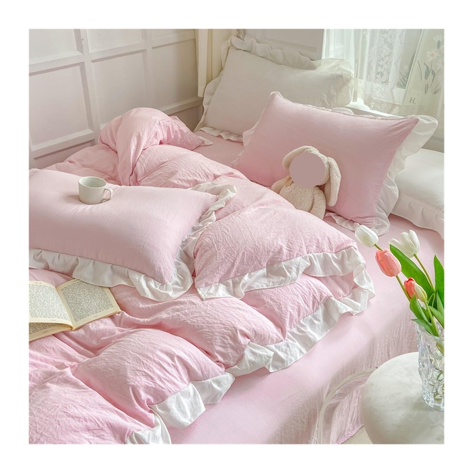 ZHSOAO Duvet Cover Set No Filling Soft Washed Cotton Ruffles Bed Linen Pillowcases for Bed(Color 2,Full 4pcs 180x220cm)