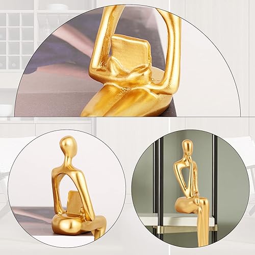 Miniatura 6 de Estatua de pensador sentado dorada, escultura abstracta, 3 piezas, estatuas de pensador, figuras coleccionables, decoración de estante de libro,
