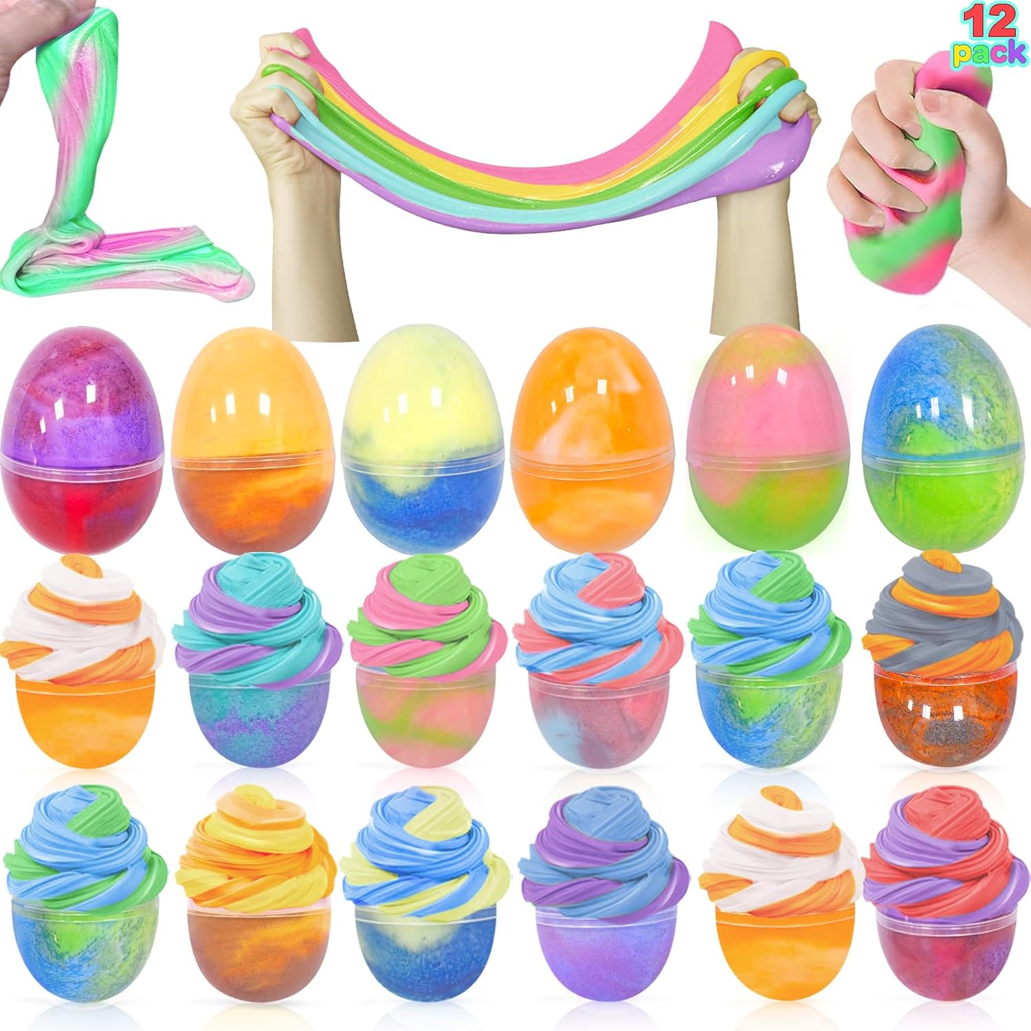 [ Two Color ] 12 Pack Easter Eggs Butter Slime Stress Relief Fidget Toys Easter Basket Stuffers Filler Essential Stretchy Squeeze Putty Slime Kit Non-Sticky Party Favor Gifts Kids Toddlers Hunt