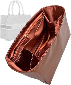 Bag Insert for Book Tote Small/Medium/Large/Mini, Purse Organizer, Silk Lining Waterproof Vegan Leather with Zipper Pocket Water Bottle Holder Large, Brown