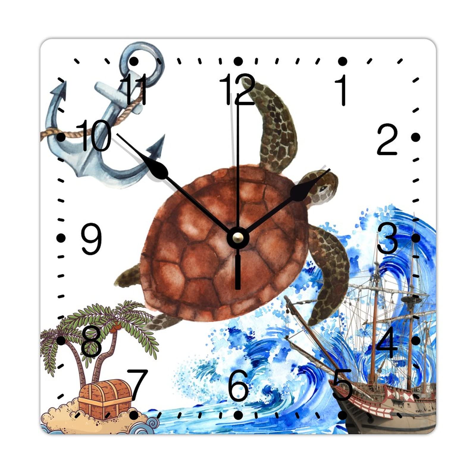 Horloge murale rétro en PVC à thème nautique avec motifs tortue et ancre marine 30 cm