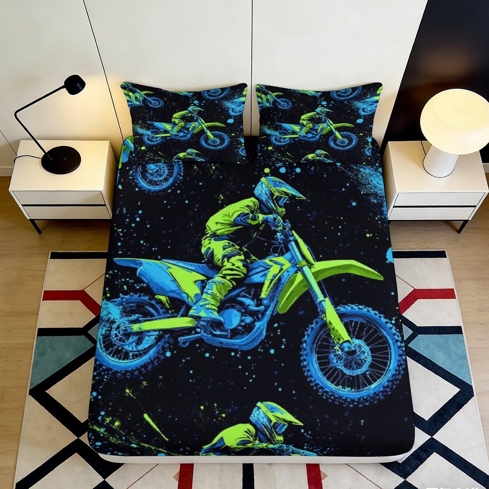 3D Printed Motocross Rider Fitted Sheet Microfiber Soft Breathable Dirt Bike Bed Cover for Bedroom Dorm Room Decor 90x200x25cm