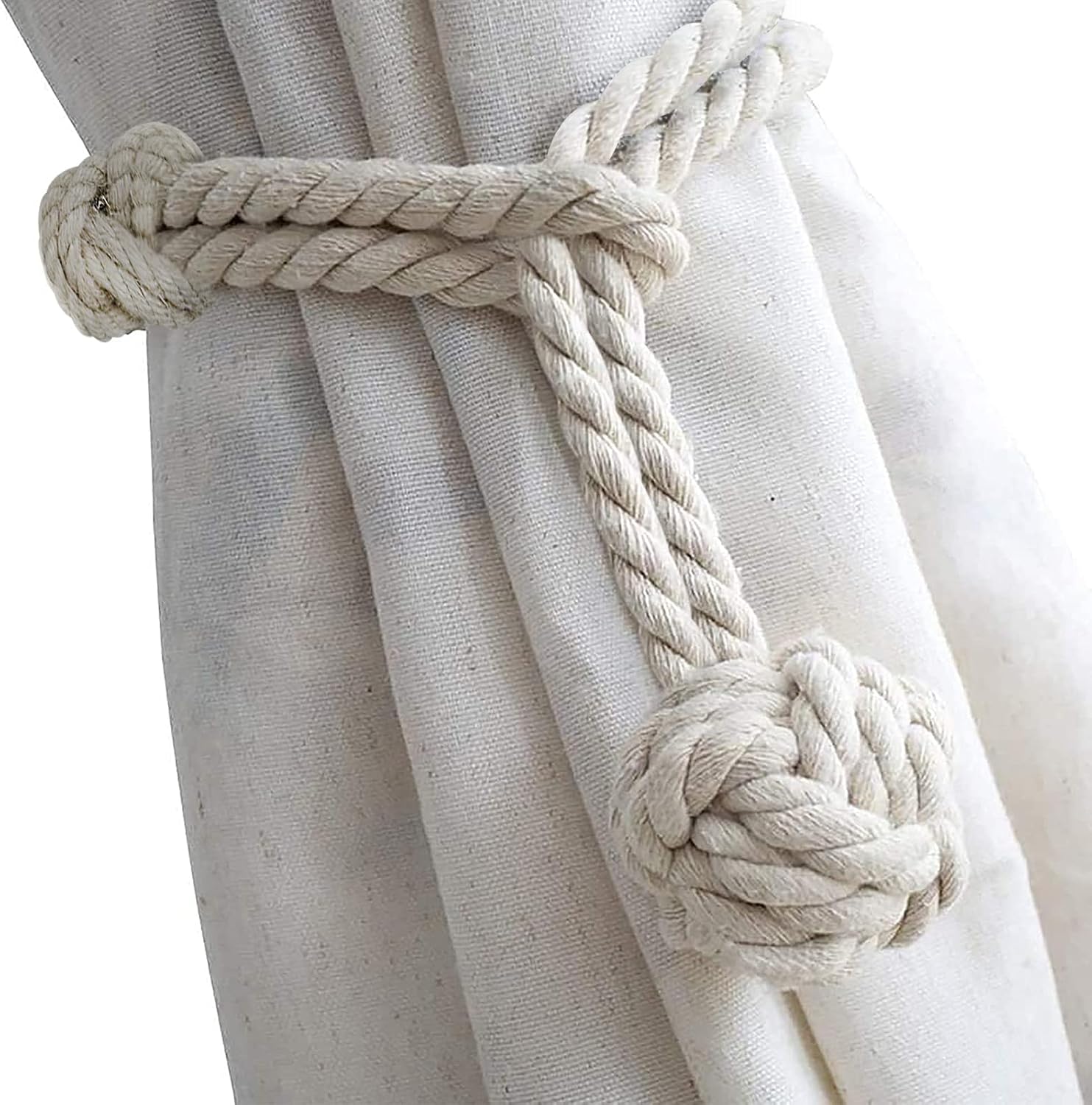 Cedilis 6 Pack Rural Curtain Tiebacks, Handmade Curtain Ropes Holdbacks, Natural Cotton Cord Knot Ball Decorative Retro Drapery Tiebacks Tie Band, Beige
