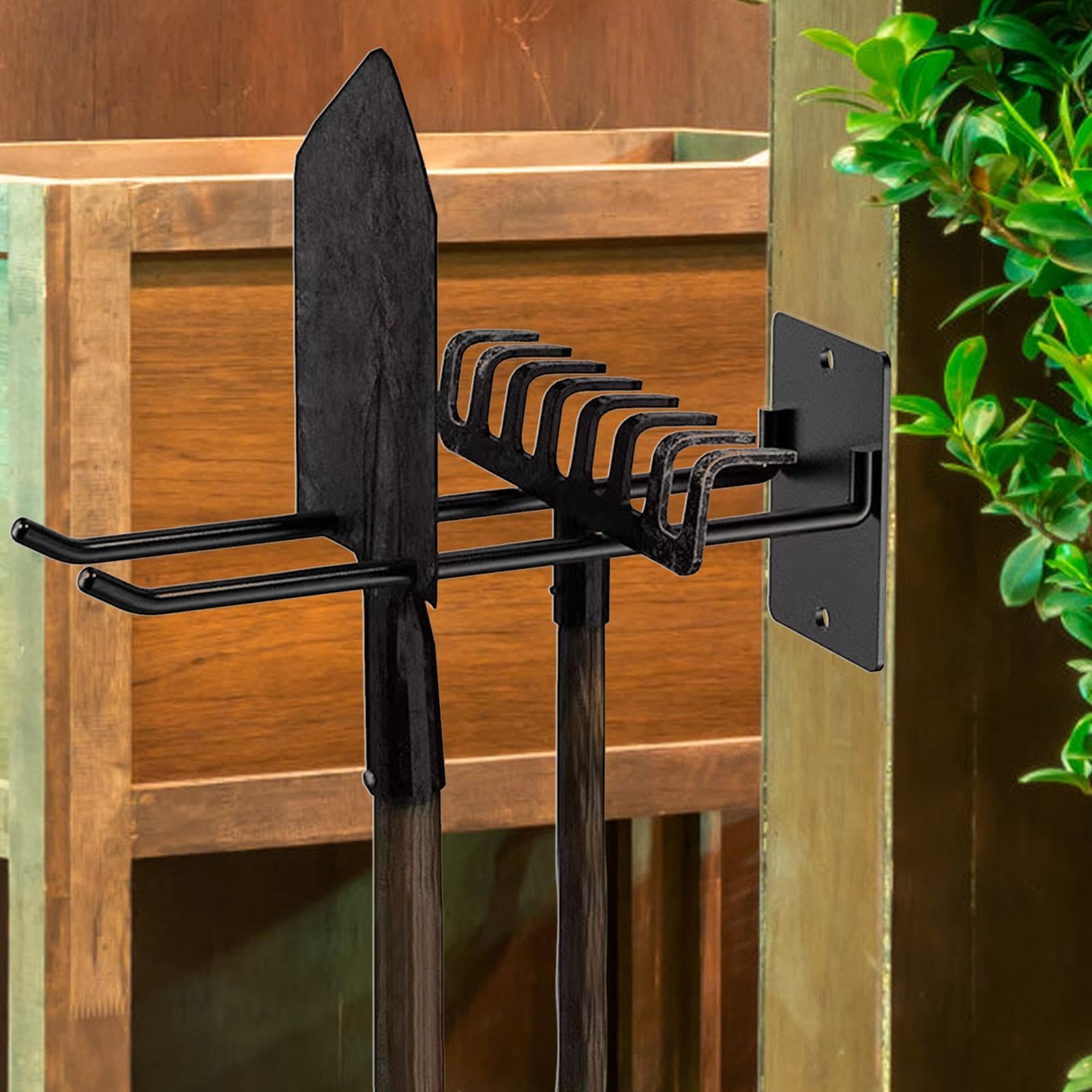 Hejo 4 Pezzi Porta Attrezzi da Giardino Parete,Porta Utensili da Lavoro Parete in Metallo con 4 Ganci,Organizer Accessori Garage per Attrezzi da Officina e Giardino Come Pale,Rastrelli,Scope(Nero
