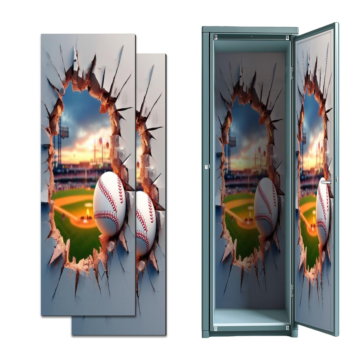 2 Pcs Locker Magnetic Wallpaper 3D Baseball Wall Sticker Decals Boys Room Theme Cracked 12" x 36" Wall Magnetic Sticker Removable Locker Accessories Decor Easy Install for Office School