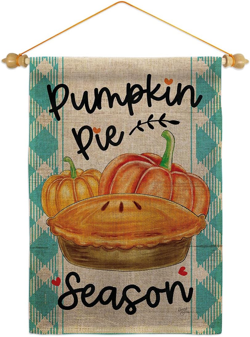 Pumpkin Pie Garden Flag Set with Stand Falltime Harvest Autumn Scarecrow Pumkins Sunflower Leaves Season Autumntime Gathering Small Gift Yard House Banner Double-Sided Made In USA 13 X 18.5