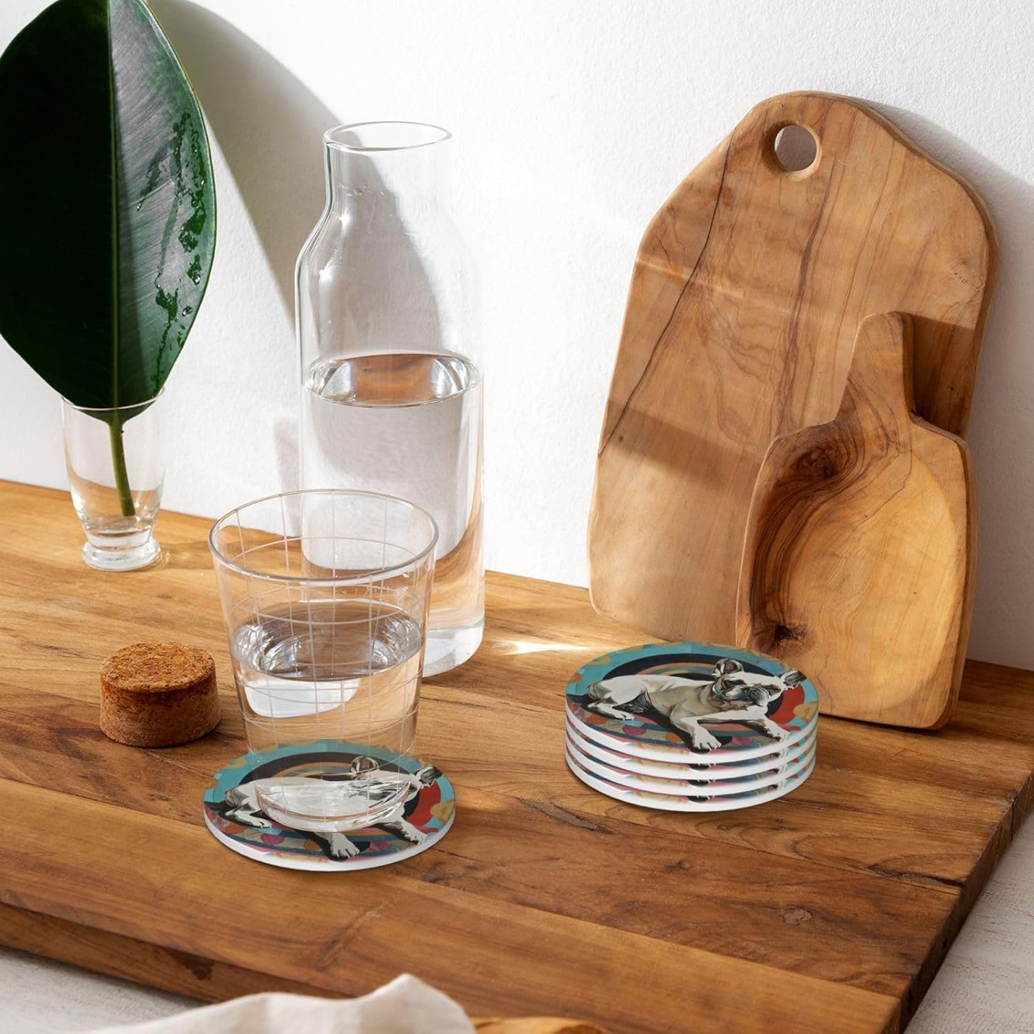 Frenchie Bulldog Ceramic Absorbent Coasters for Drink, 4 Pack Coffee Table Cupholder Stoneware Coasters Set with Water Moisture Condensation for Wooden, Office Outside Kitchen Glass Table