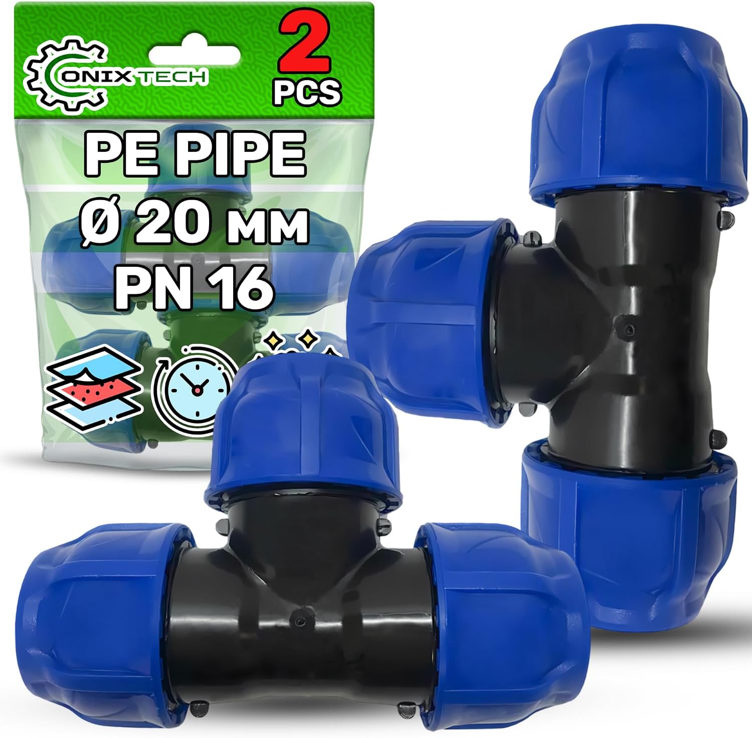 Pack of 2 Screw Connection T Pieces Polypropylene Polypropylene Fitting for Connecting Polyethylene PE Pipe Diameter 20 mm with Angle 90° ONIX TECH