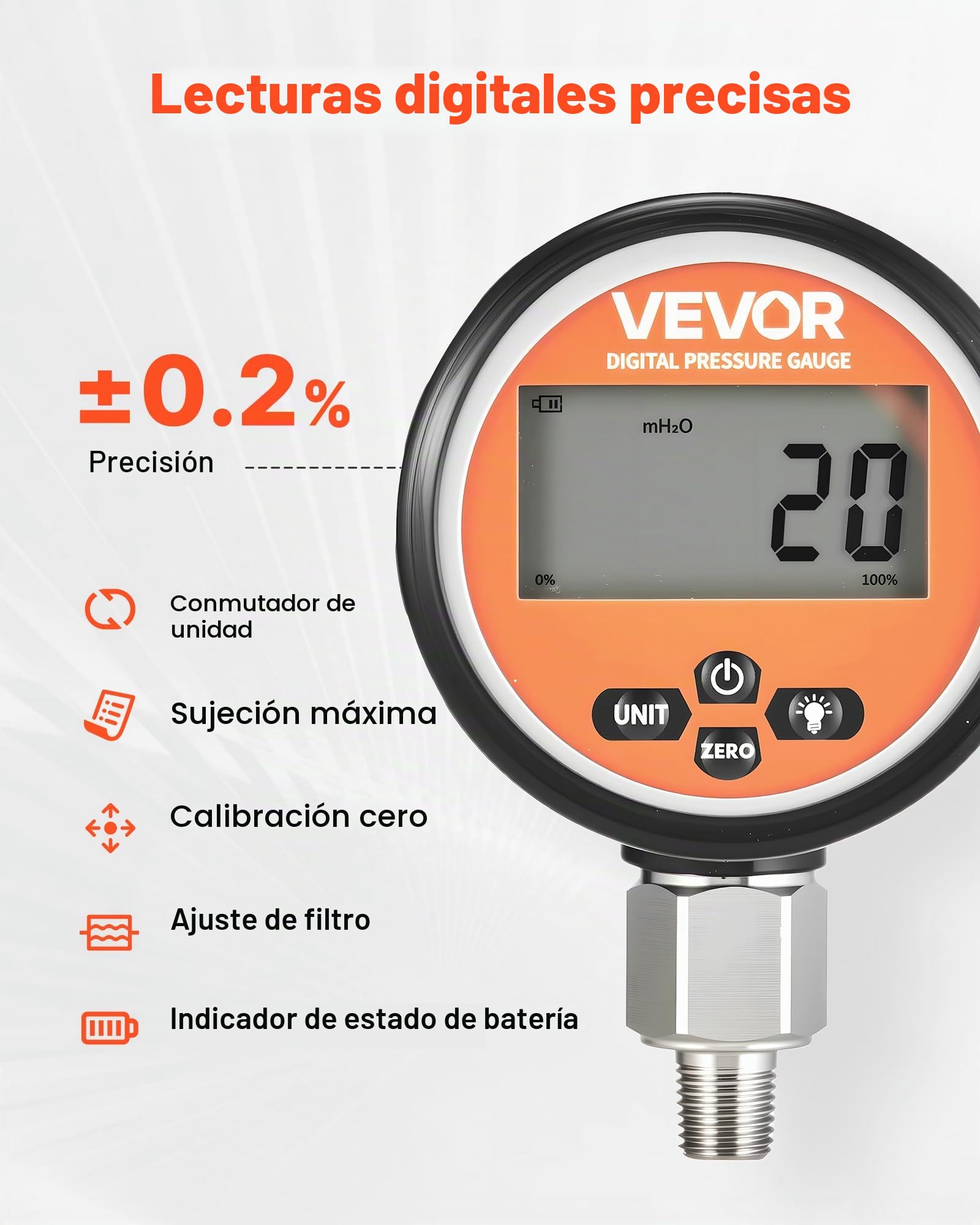VEVOR Manómetro Hidráulico Digital 0 a 700 bar, Comprobador de Presión con Entrada de Base NPT, para Excavadoras y Maquinaria de Construcción, con Carcasa de Acero Inoxidable Cubierta Protectora