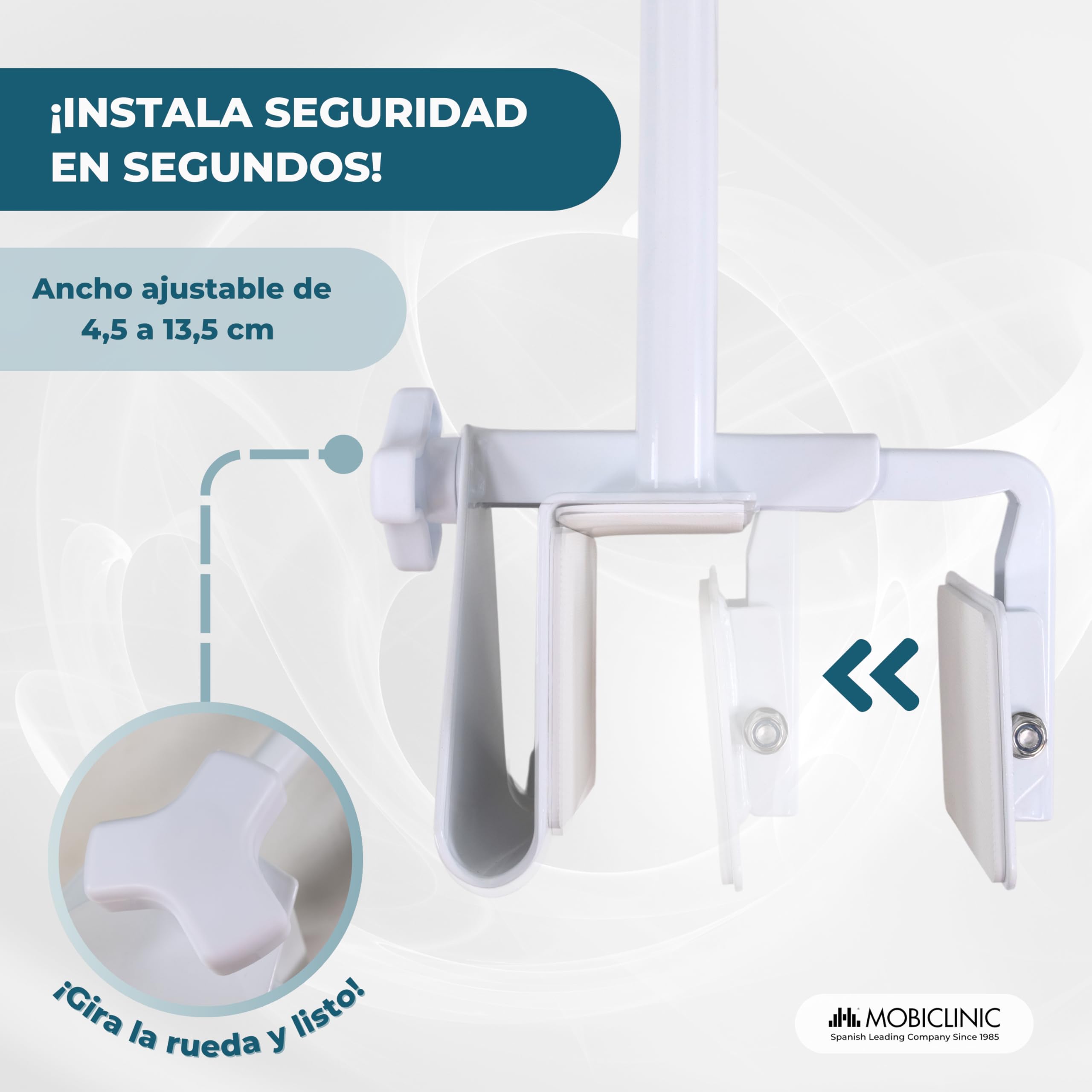Mobiclinic®, Asa para Bañera Regulable, Bañeras Borde Liso (4.5-13.5 cm), Asidero Ergonómico, Máx. 100 Kg, Uso Clínico y Doméstico, Seguro y Funcional, Acero Blanco, Mobibary