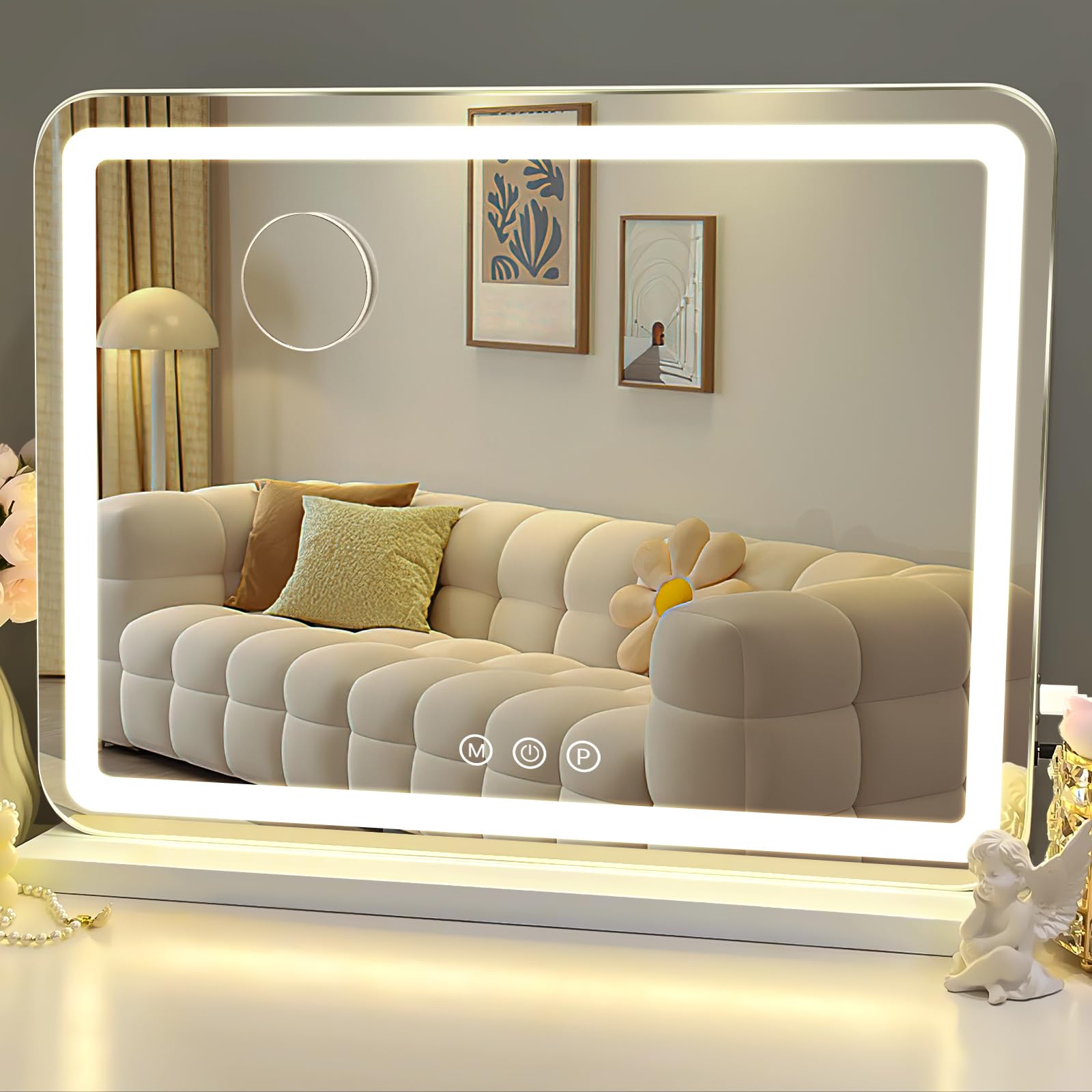 LuxeVue Vanity Mirror with Lights, 23" x 19" Large Makeup Mirror with 3 Color Modes & Adjustable Brightness, Detachable 15x Spot Magnification, Smart Touch Control,Plug in(Tabletop & Wall-Mounted)