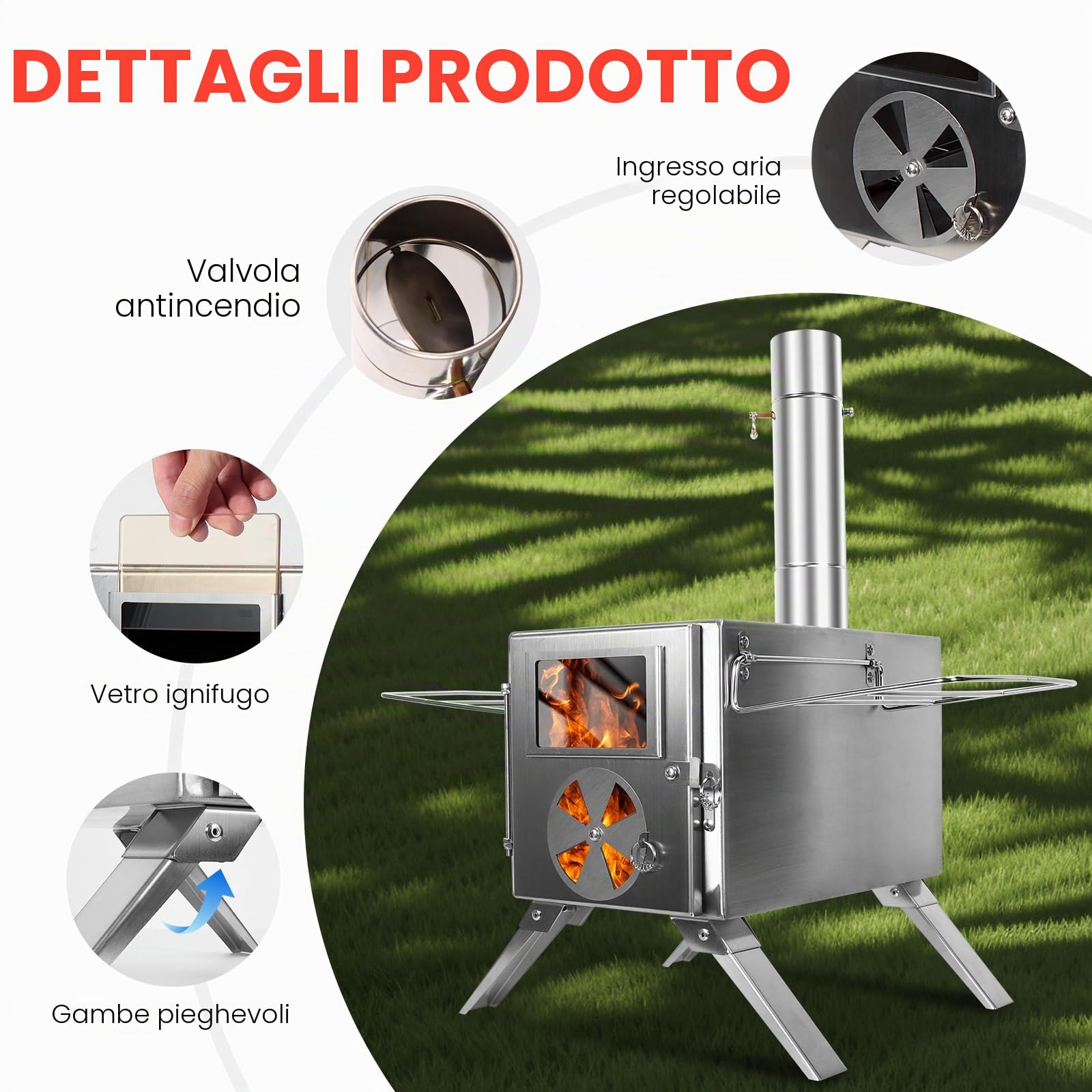 SOPPY - Mini stufa a legna da campeggio, portatile, in acciaio inox, con tubi per camino, pentole da campeggio per campeggio, riscaldamento, alloggio e cucina, argento
