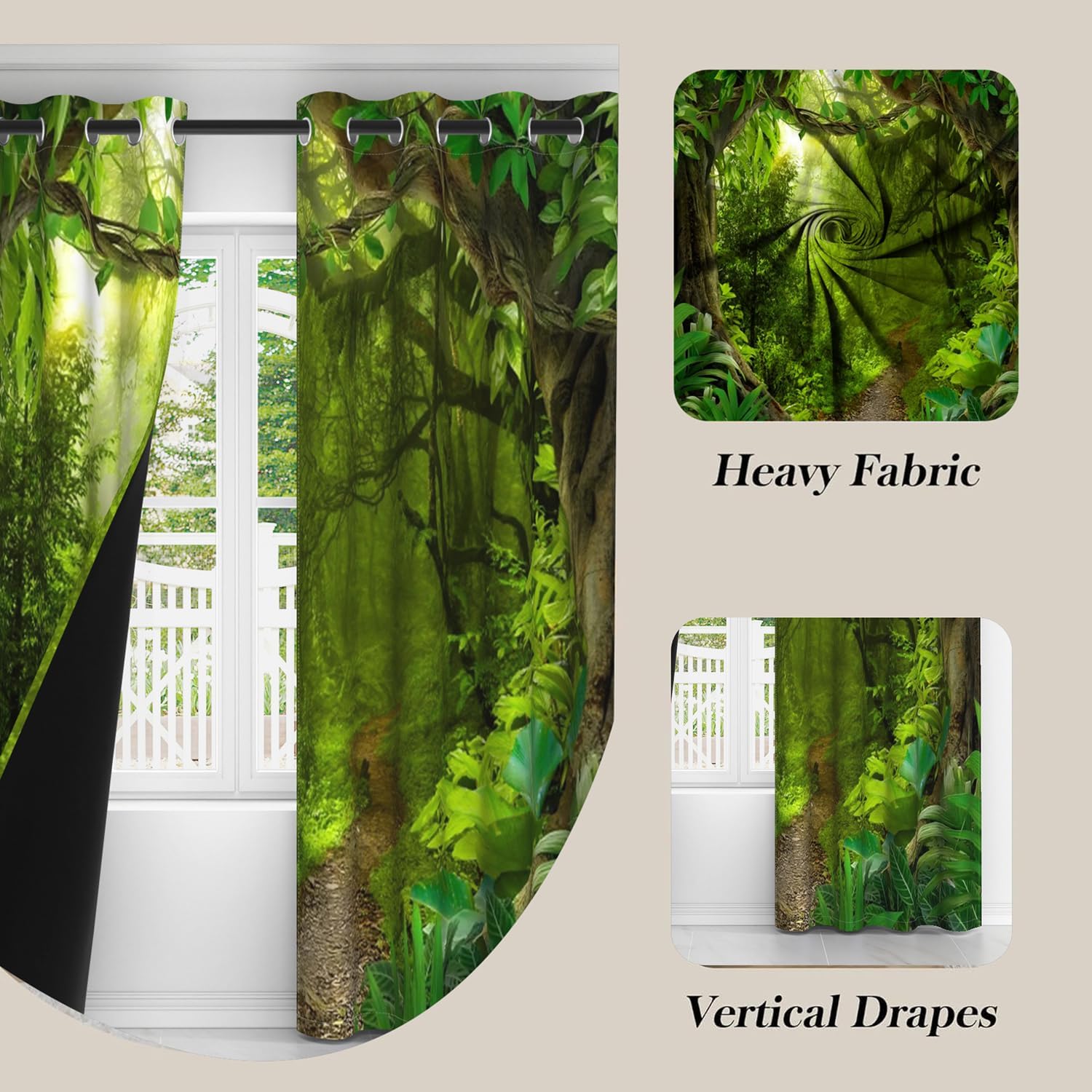ChloropLastid Forest Blackout Curtains Tropical Jungle Fairy Green Rainforest Woodland Landscape Nature Curtains for Living Room Bedroom Grommet Room Darkening Window Drapes 2 Panels 52W×84L
