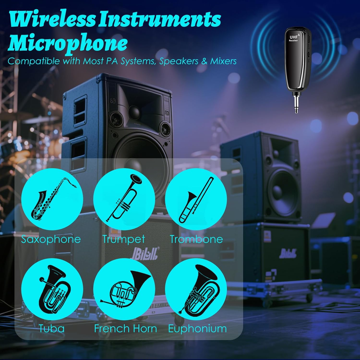 UHF Wireless Instruments Microphone,Saxophone Microphone,Wireless Receiver and Transmitter,164ft Range,Plug and Play,Great for Trumpets, Clarinet, Cello
