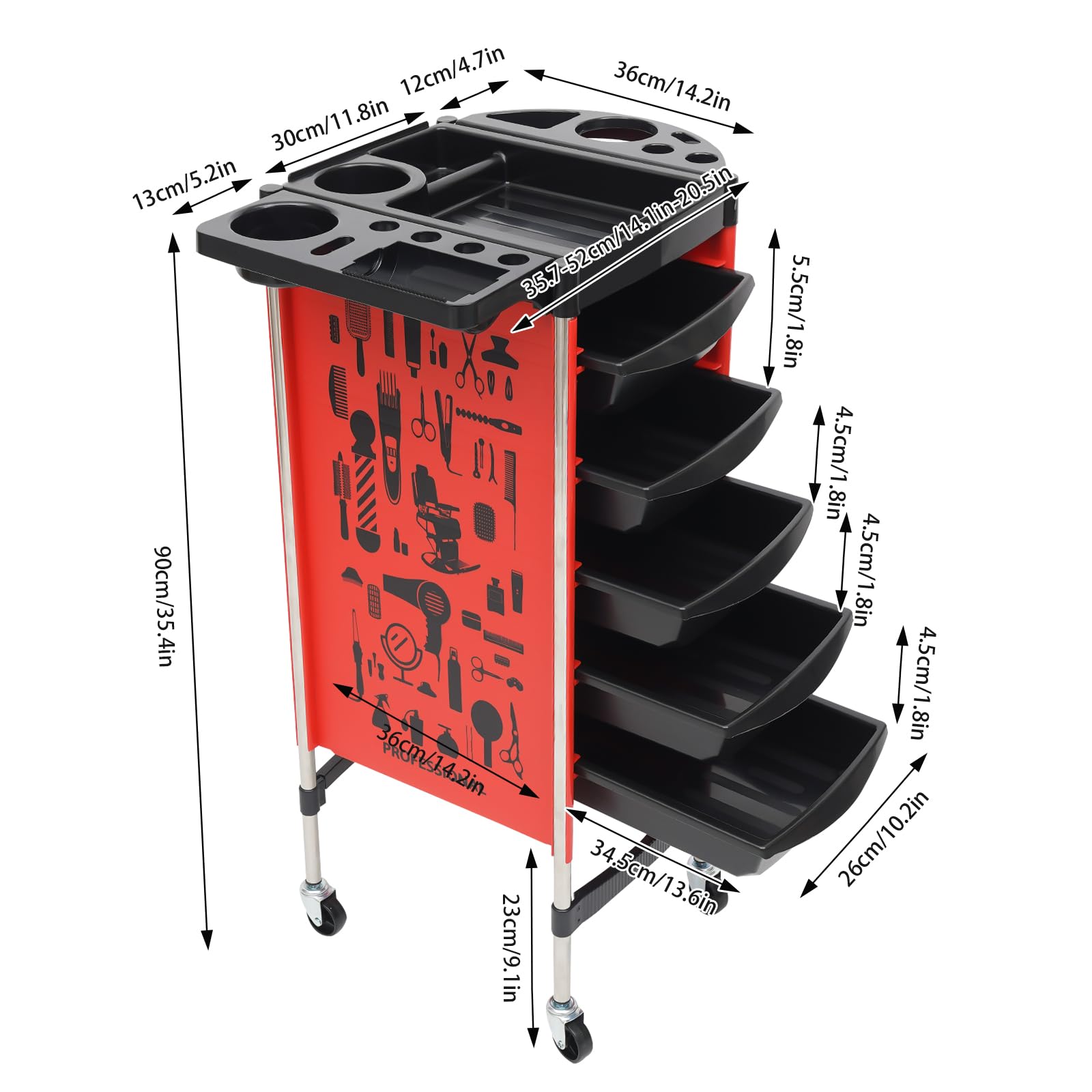 Carrello da parrucchiere con 5 cassetti, per parrucchieri, cosmetici, saloni di bellezza, barbiere, spa, salone per saloni di bellezza (rosso)