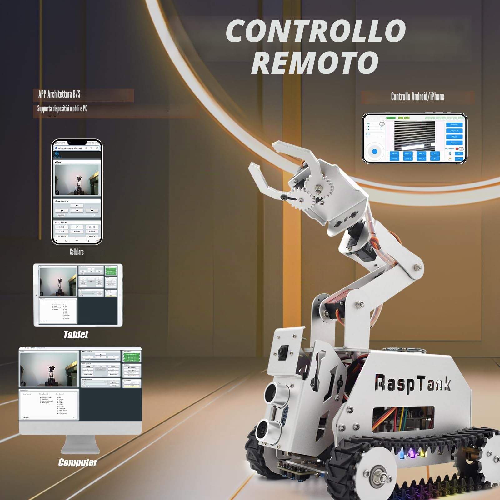 Adeept RaspTank - Kit per auto intelligente in metallo per Raspberry Pi 5/4B/3B/3B+(scheda non inclusa), robot per il monitoraggio del serbatoio con braccio robot 4 DOF, OpenCV, prevenzione ostacoli