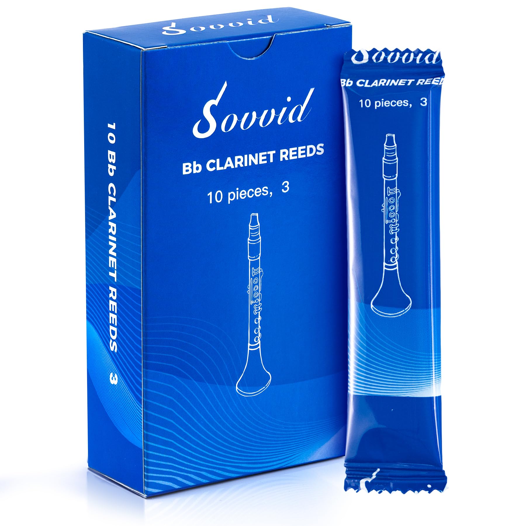 Sovvid Bb Clarinet Reeds Strength 3.0 with Portable Reed Case, Box of 10, Individually Packaged Reeds for Clarinet Beginners and Players, Thinner Reed Tip & Unfiled Cut for Easy of Play