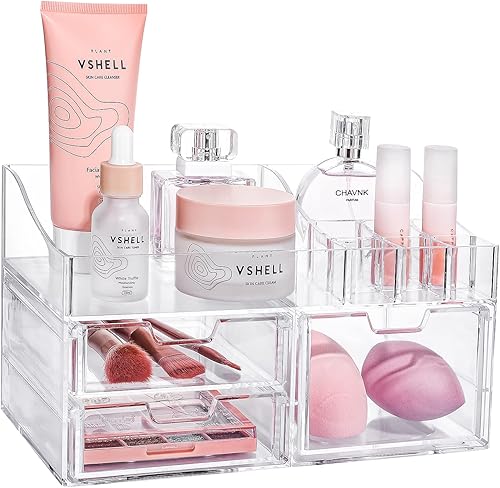 GORET Organizador de maquillaje de tocador, almacenamiento de cosméticos acrílicos con gran capacidad, 3 cajones para encimera de baño, perfume,