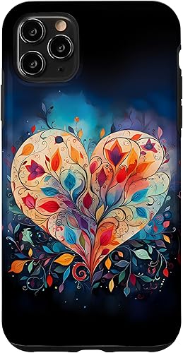Funda de arte en acuarela para iPhone 11 Pro Max Boho Heart Colorful With Leaves