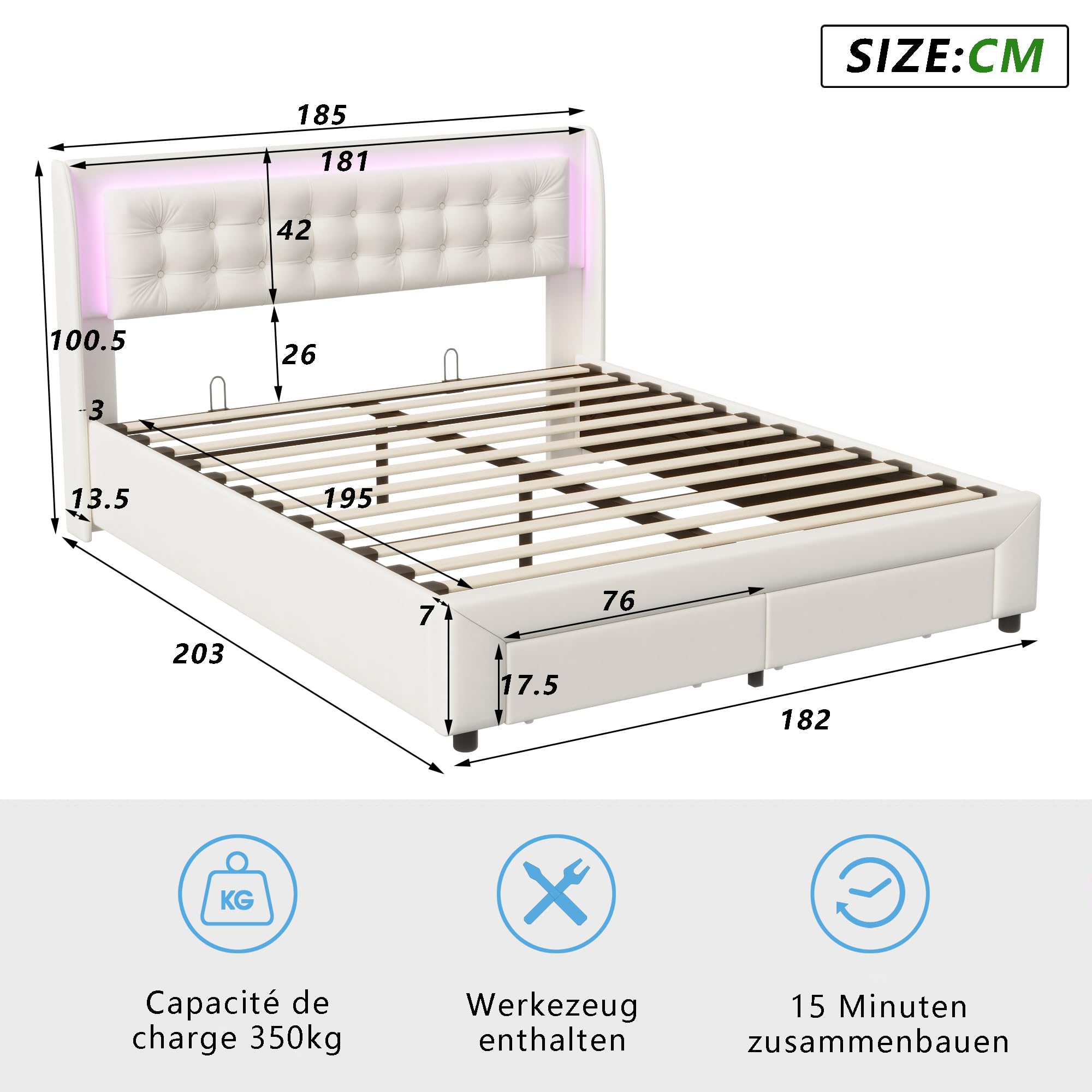 LIVLUX Lit Coffre 180 x 200 cm, Lit Double rembourré avec éclairage LED, Cadre de lit avec 2 tiroirs et Espace de Rangement, Lit 2 Personnes pour Adultes et Adolescents,Velours (180 x 200 cm C)