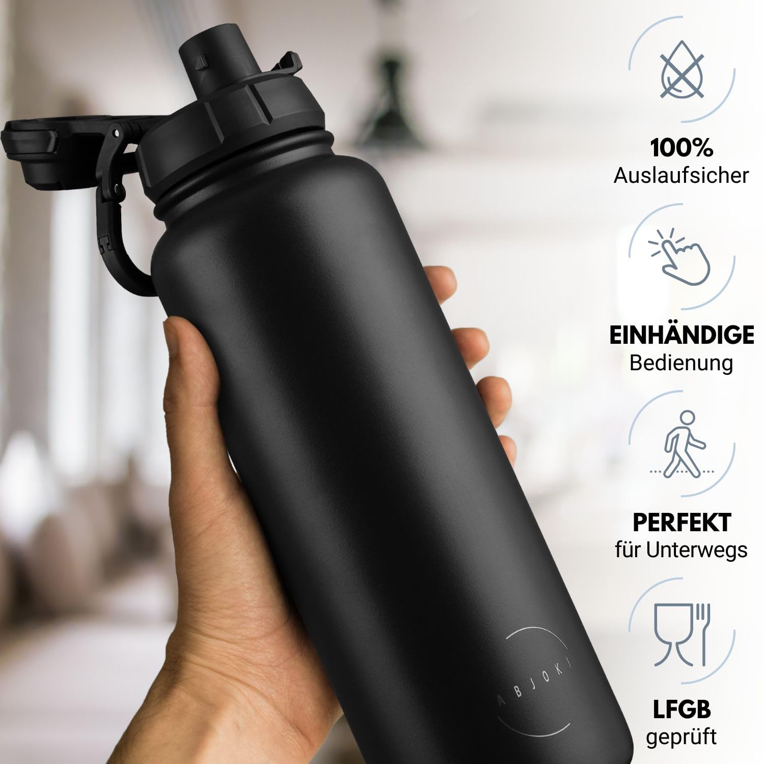 Gourde en acier inoxydable « Infinity » 1200 ml – Noir onyx – Double paroi et isolation sous vide – Bouteille isotherme – Sans BPA, anti-fuite, convient aux boissons gazeuses – Couvercle sport