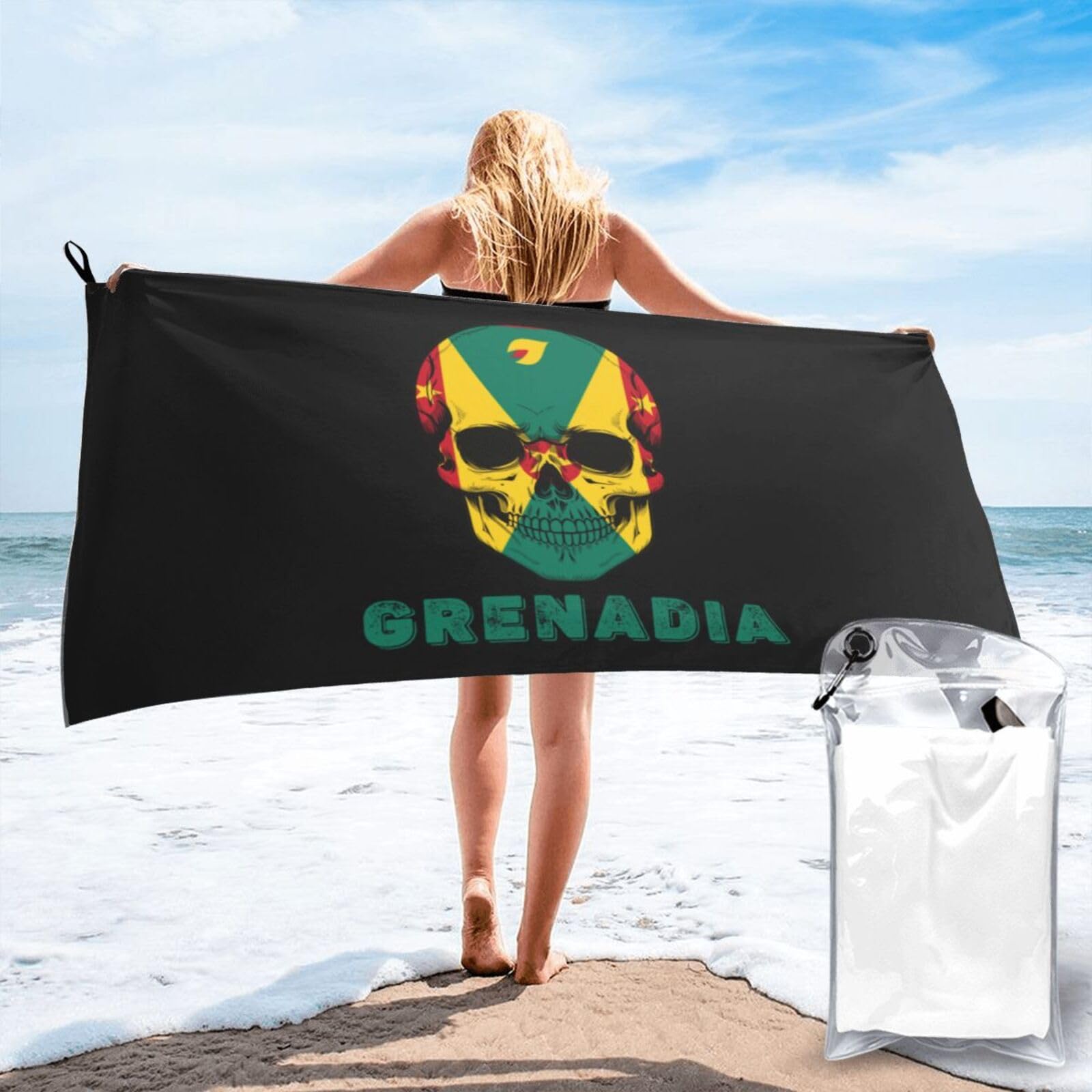 HACXZ Skull Grenadia Flag Lightweight Absorbent Beach Towel Microfiber Beach Towel 31.5"X63"