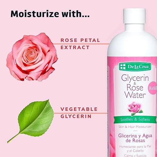 Miniatura 4 de De La Cruz Agua de rosas y glicerina para la cara, tóner facial e hidratante de agua de rosas para piel y cabello, botella de repuesto de 16 onzas