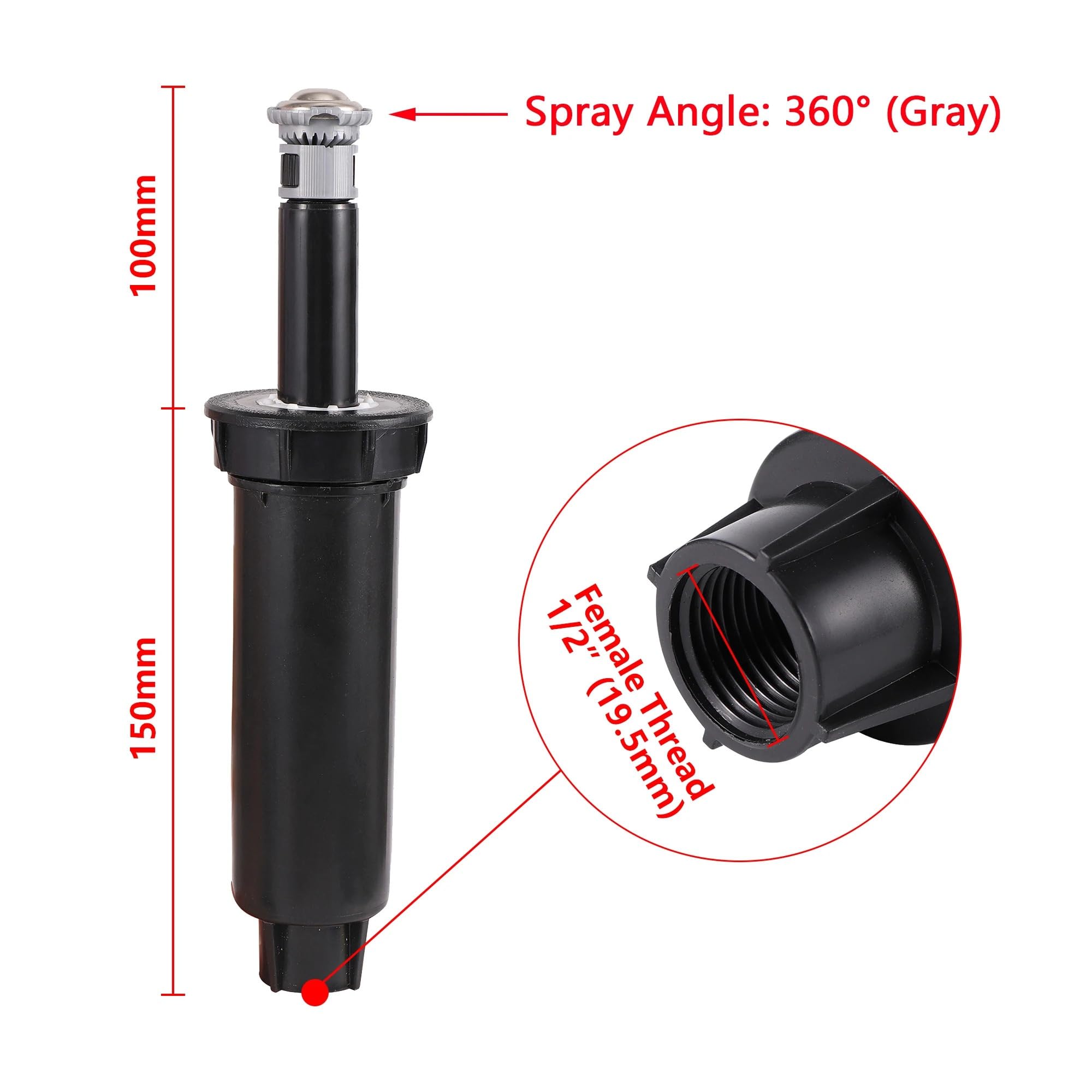 Irrigatore a Scomparsa interrato Regolabile a 360°, 45°~270°, Filettatura Interna da 1/2", irrigazione Giardino, a dispersione, Rotante(2597)