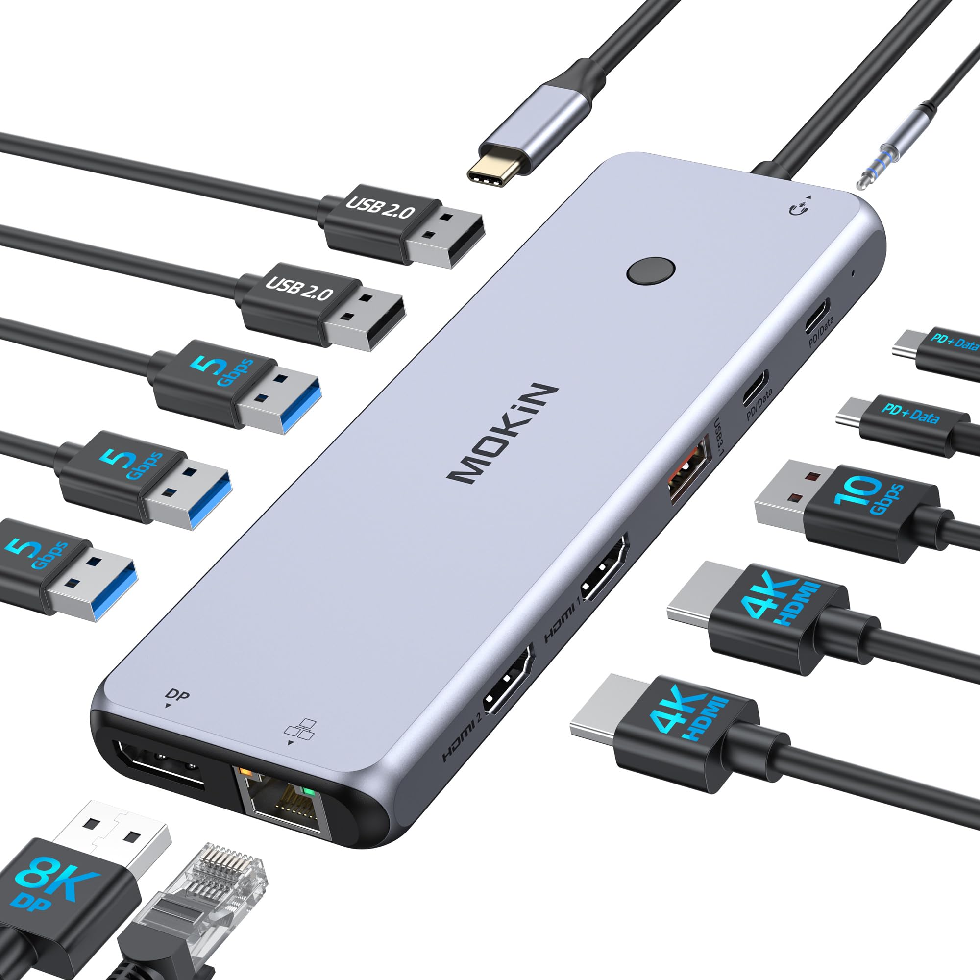 Stacja dokująca 13 w 1 do trzech monitorów z dwoma portami HDMI i DisplayPort 4K, Ethernetu, 2 portami USB-C (100 W PD/10 Gb/s) 6 portami USB-A 3.1/3.0/2.0 i dźwiękiem dla komputerów Dell, HP i Lenovo