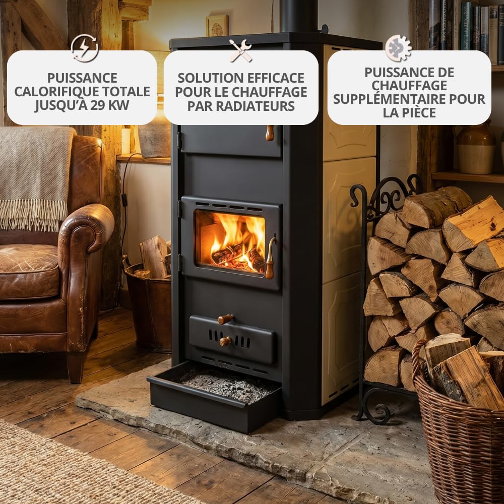 Prity WD W29 Poêle à bois 29 kW avec gaine d'eau et chauffage central extra large certifié CE