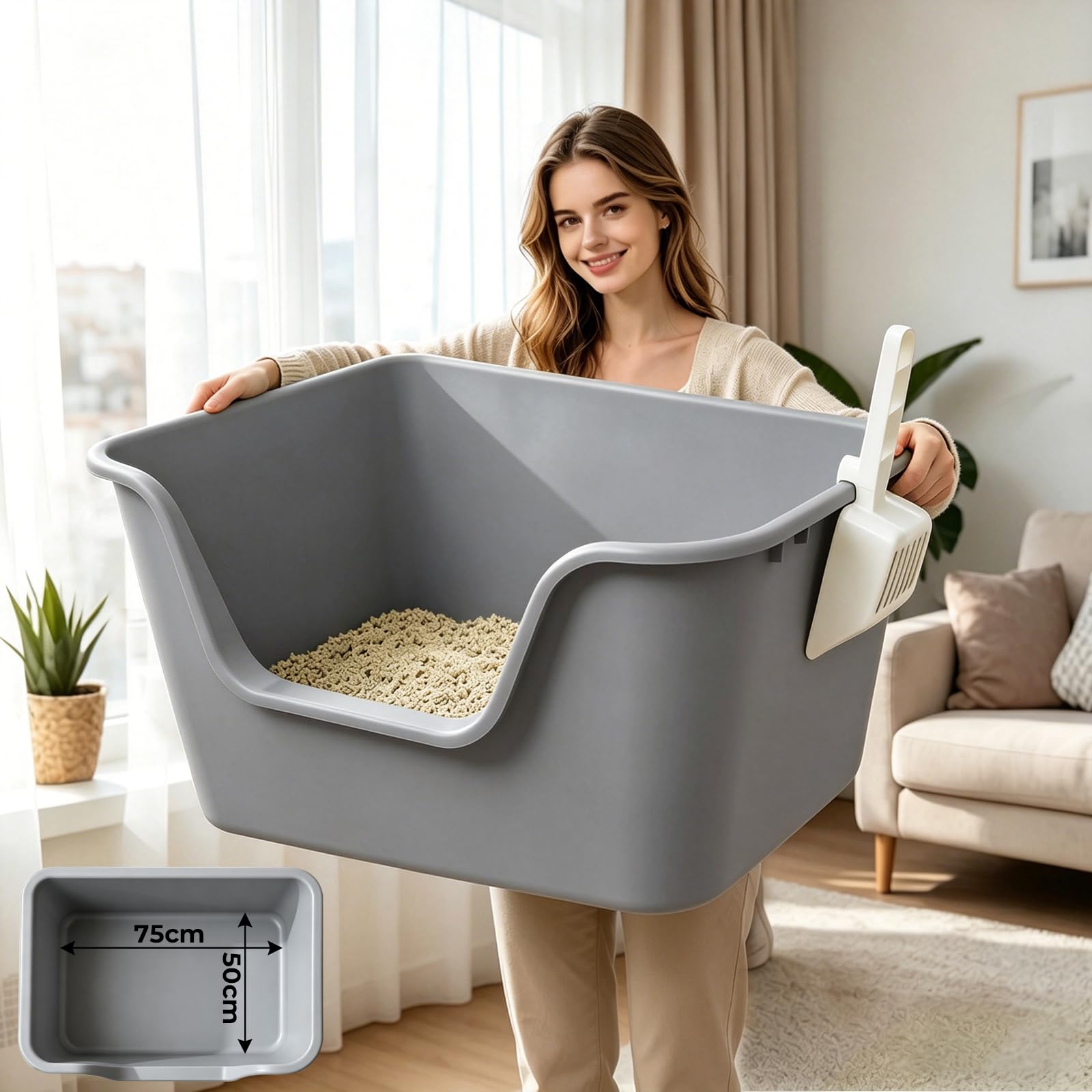 XXL Katzenklo Riesig (126L) – 78,5x54,5x40,9 cm, Grau – Extra hoch, mit Matte & Schaufel, für Maine Coon & Mehrkatzenhaushalt