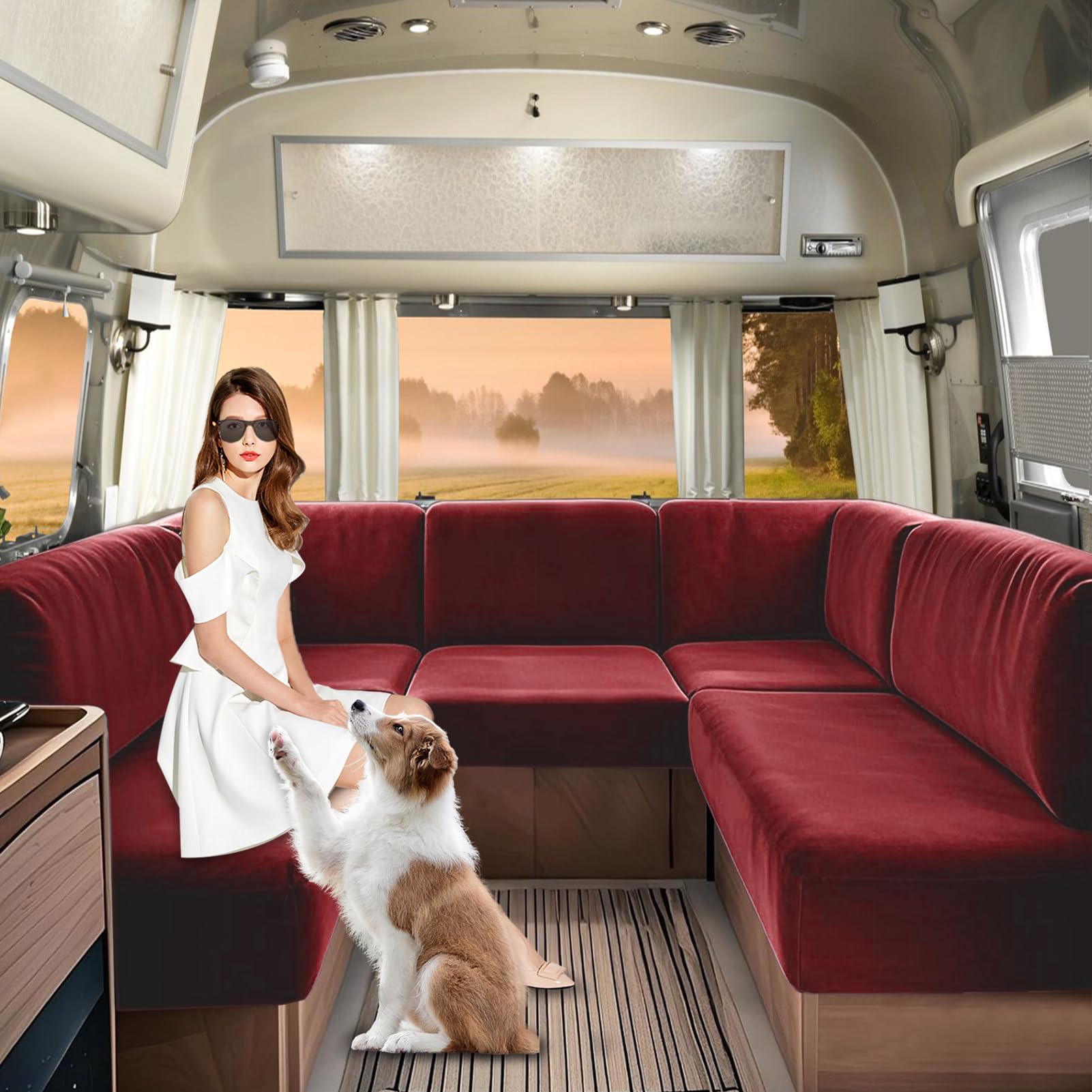 SHUOJIA Caravan Seat Covers Velvet, Motorhome Seat Cover with Elastic-band and Lacing, RV Sofa Cushion Cover for camper Washable（Red-W150-190 cm,D50-70 cm）