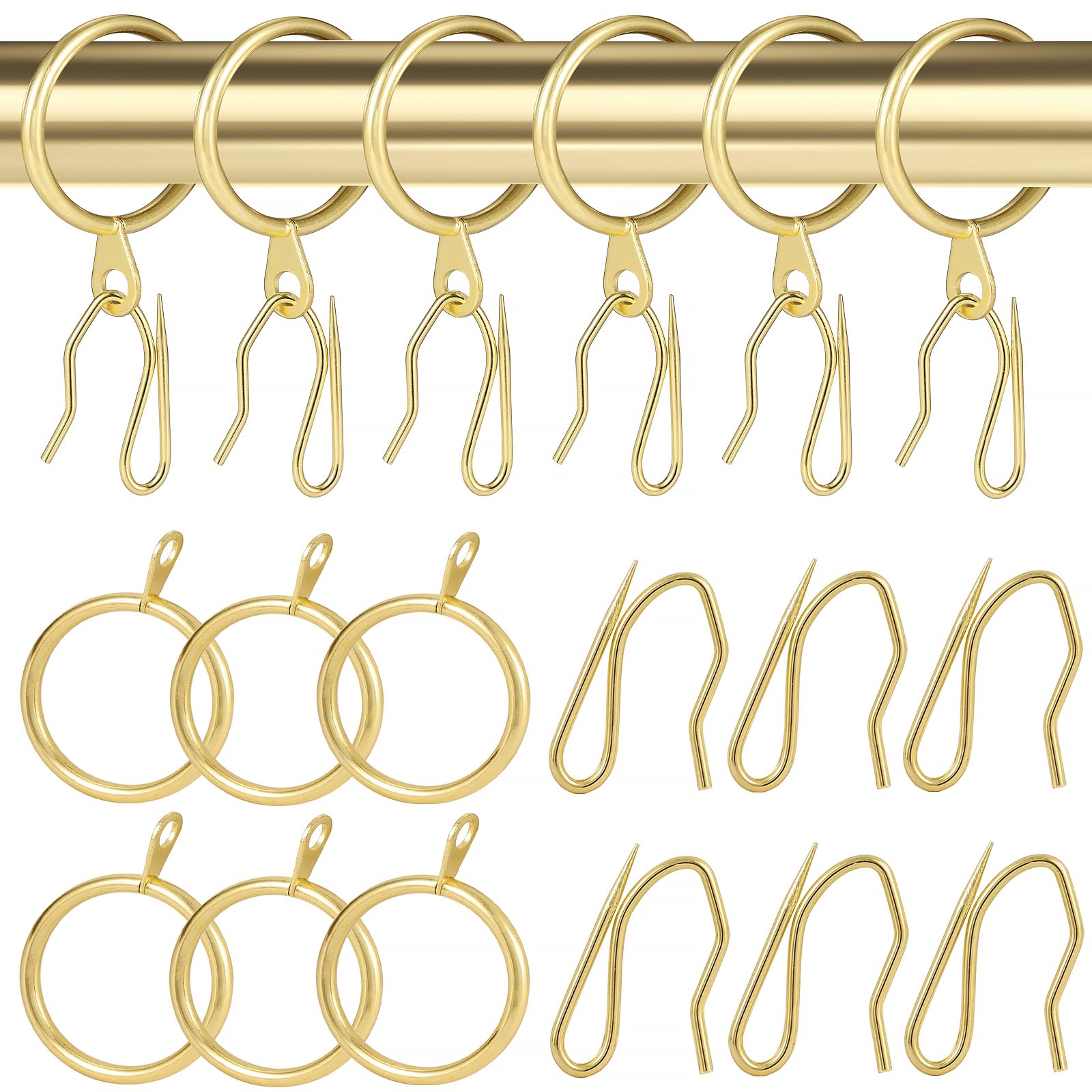 Lot de 62 anneaux de rideaux en métal et 62 crochets en métal pour rideau de douche, 30 mm de diamètre intérieur (doré)