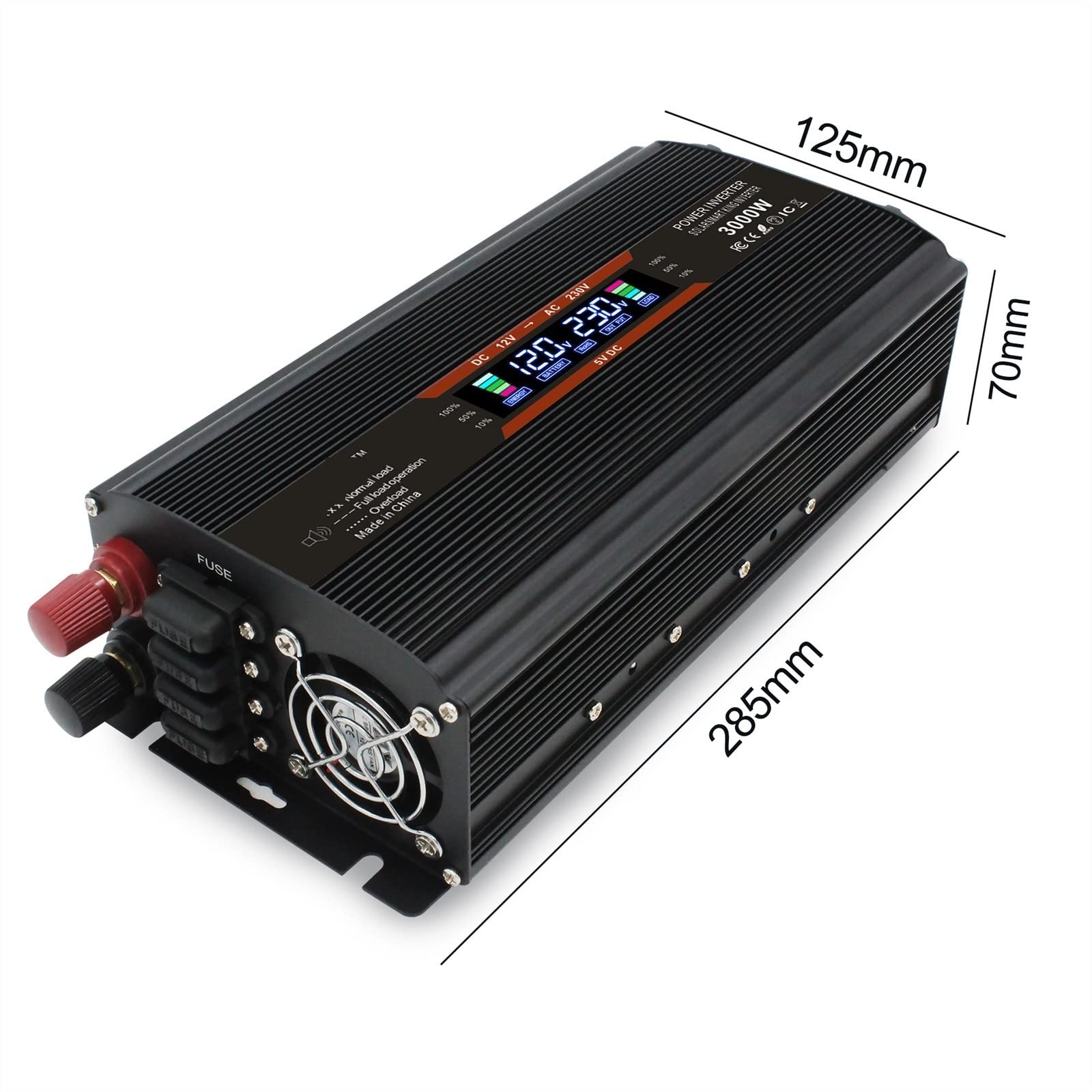 Inverter a onda sinusoidale pura LCD 3000W Car Inverter DC 12V/24V a AC 220 230 Display di tensione Convertitore di energia solare Doppio fusibile sostituibile(12V Black)