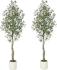 Artificial Olive Tree 5FT Tall Faux Olive Tree Indoor Fake Silk Plant with Realistic Trunk, Leaves, Fruits and White Planter, Faux Potted Tree for Home Decor and Housewarming Gift, 2 Pack