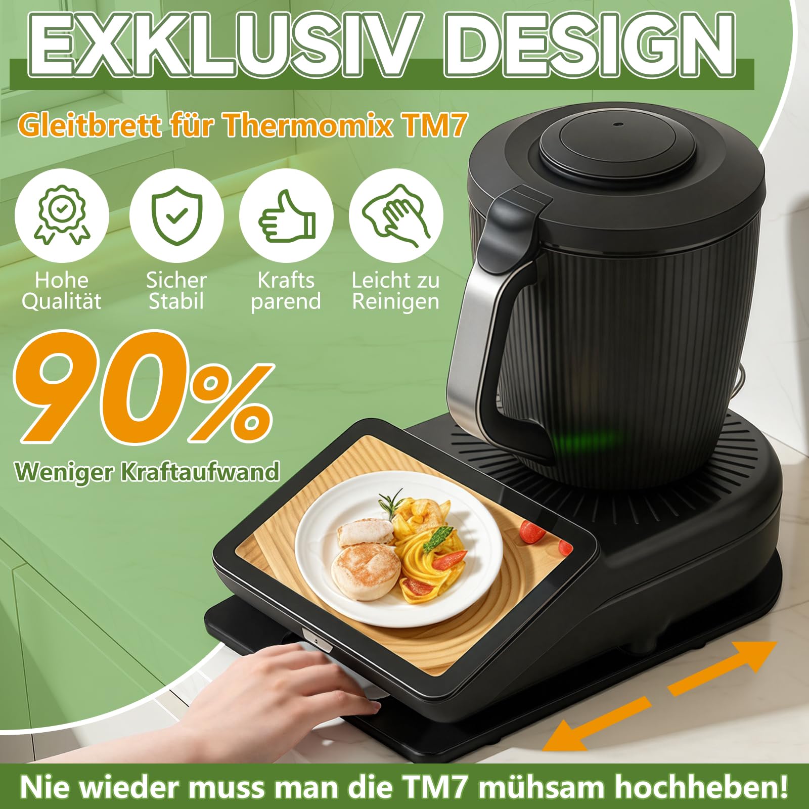 SelfTek Bambusowa deska ślizgowa do Thermomix TM7, akcesoria – drewniana deska ślizgowa kompatybilna z Thermomix TM7, rolki 360°, stalowe kulki i stabilne wycięcia, lekko przesuwająca się deska