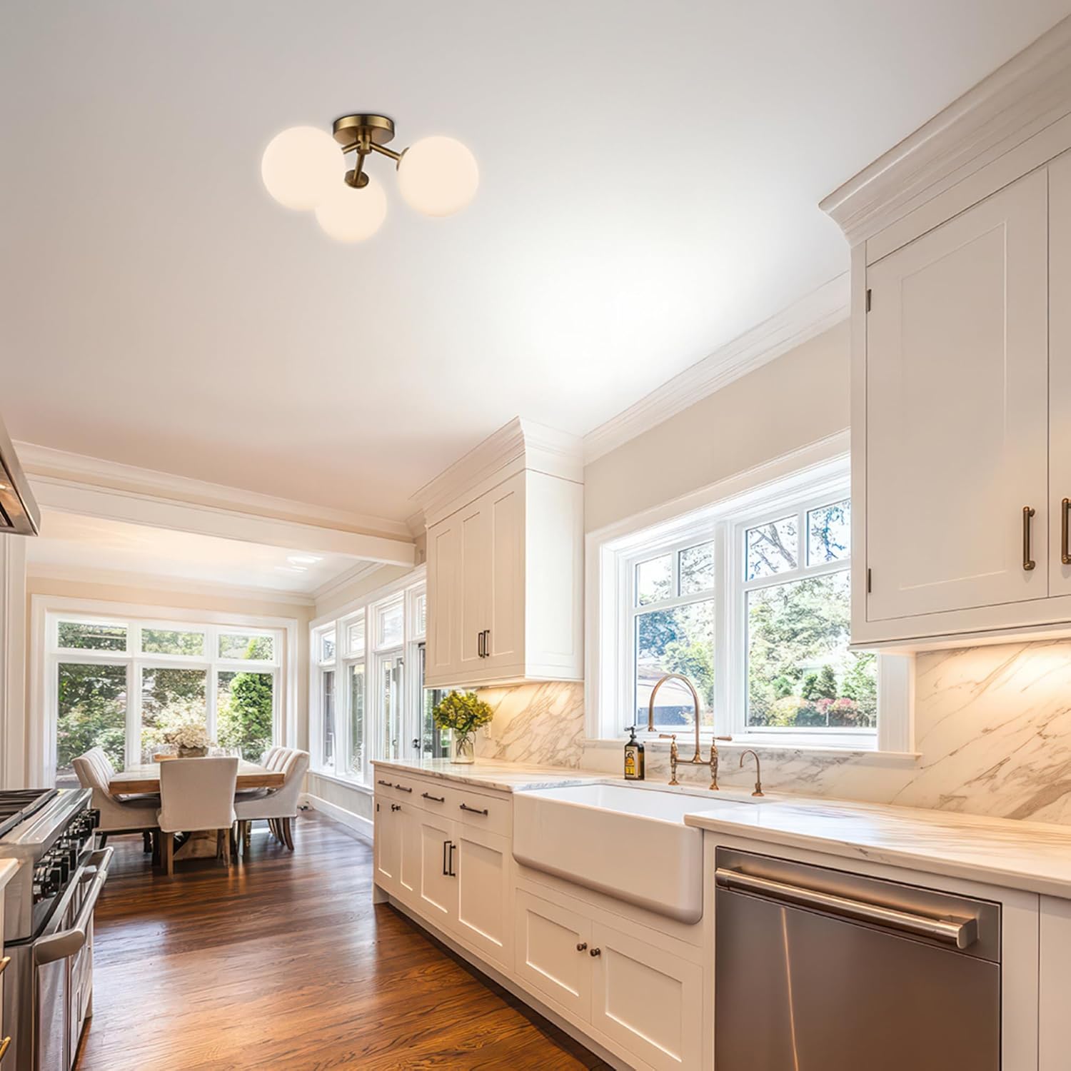 Prismara 16 Inch 3-Light Ceiling Light | Antique Gold Finish with Opal Glass Shades | Uses 3 E-12 Candelabra Base Dimmable Bulbs | Modern Flush Mount Light (Gold)