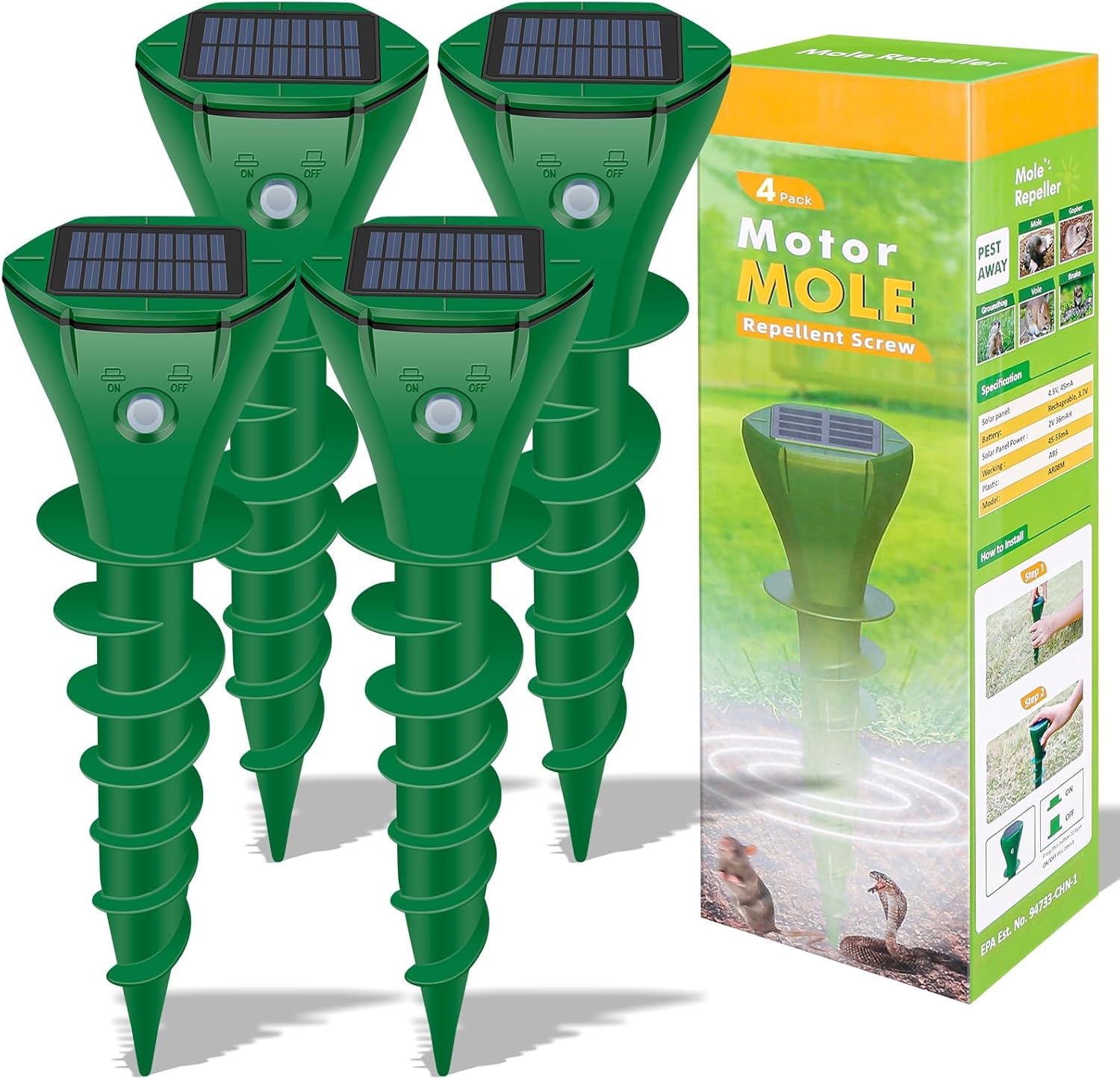 Mole Repellent Solar Powered, 4 Pack Ultrasonic Gopher Repeller IP65 Waterproof for Lawn Garden Yard, Sonic Vole Repellent Mole Killer Outdoor Get Rid of Snake Groundhog Chipmunk Squirrels, Green