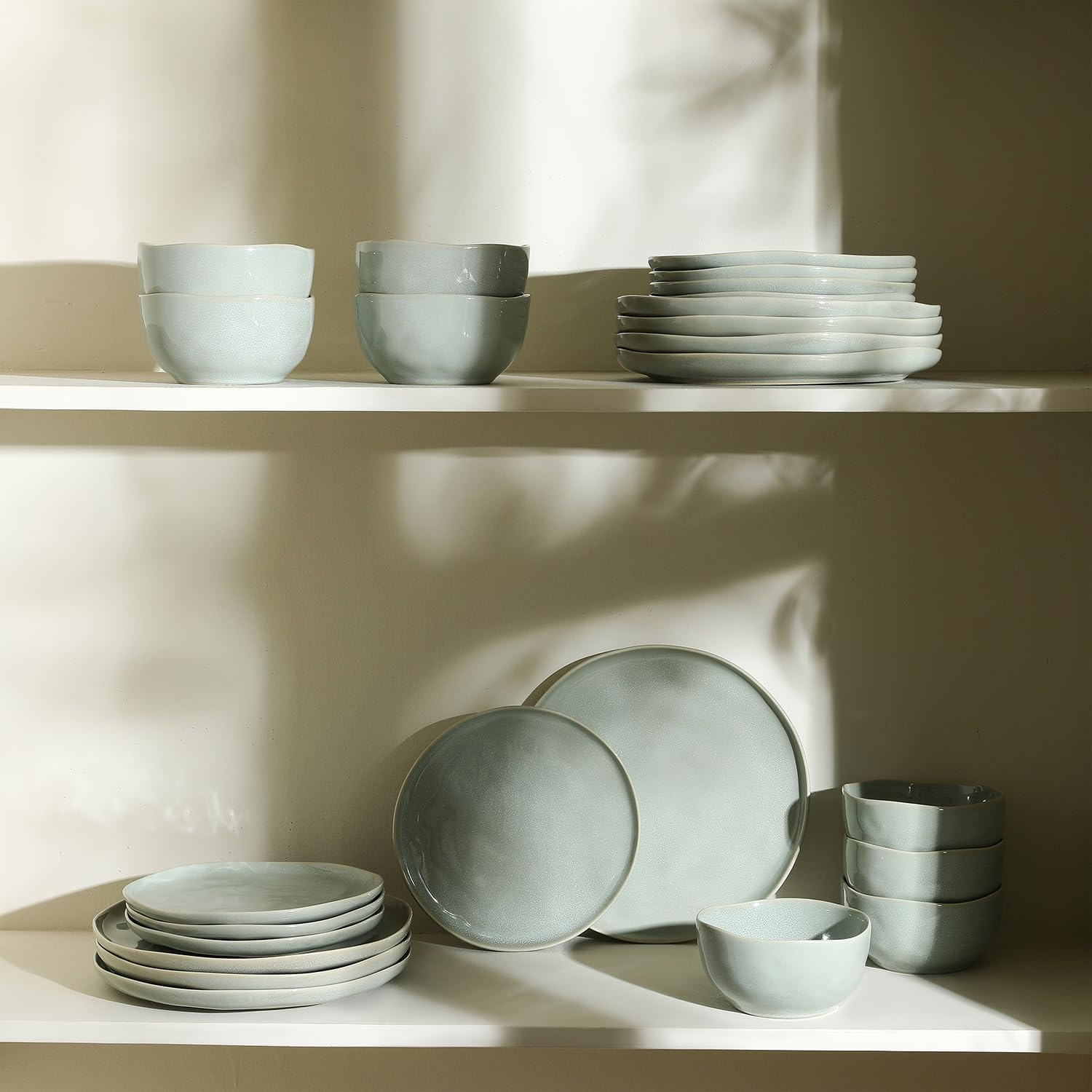 Stone Lain Mirella 24-Piece Dinnerware Set Stoneware, Plates and Bowls set, Microwave and Dishwasher Safe, Dish Set for 8, Light Green