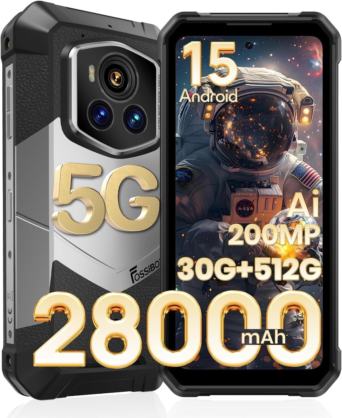 FOSSiBOT F107 Pro 5G Téléphone Portable Incassable 28000mAh(66W), 30Go+512Go/2To, 200MP Smartphone Incassable, Dimensity 7300 Android 15, 6,95" FHD+ 120Hz Dual SIM Vision Nocturne/IP68/IP69K/NFC Gris