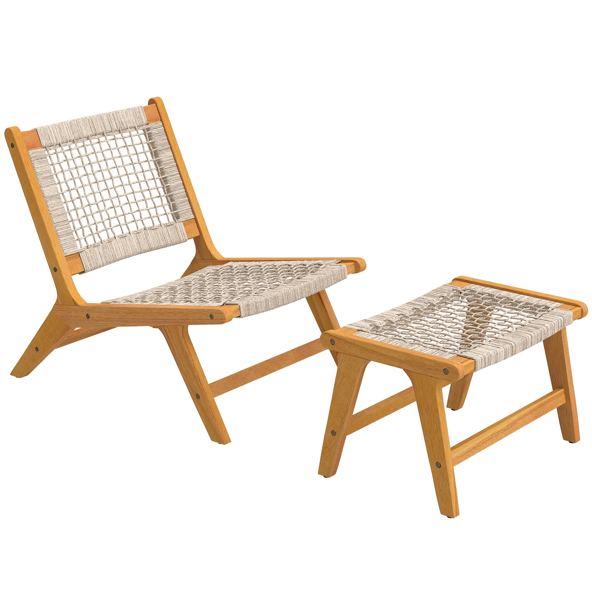 Outsunny Gartensessel mit Hocker 2-Teilig Verstellbare Füße 160 kg Beige | Akazienholz, Outdoor Loungesessel mit Rattan-Sitz, Boho-Stil, Polyrattan Lounge Set, Gartensessel für Garten Balkon